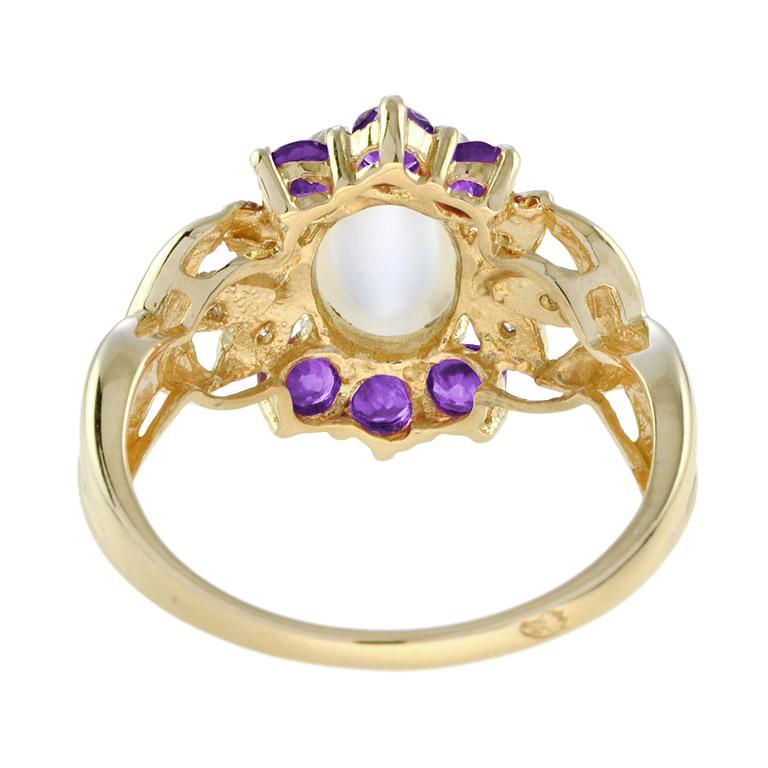 For Sale:  Vintage Style Moonstone with Amethyst and Diamond Flower Ring in 18K Yellow Gold 5