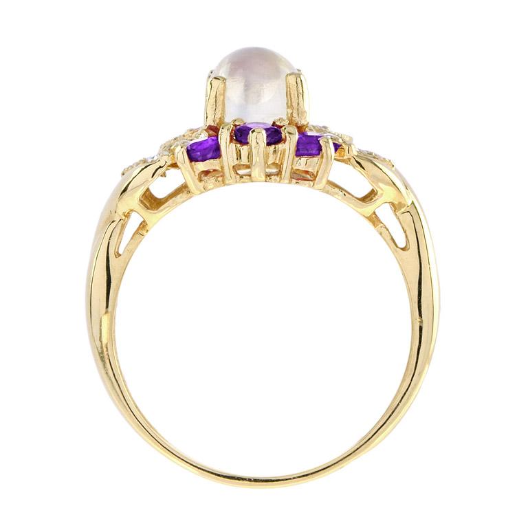 For Sale:  Vintage Style Moonstone with Amethyst and Diamond Flower Ring in 18K Yellow Gold 6
