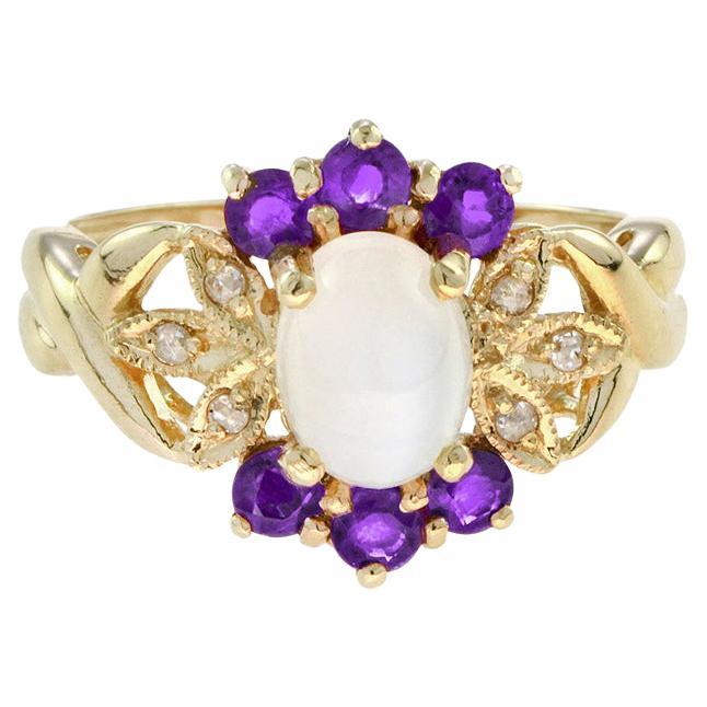 For Sale:  Vintage Style Moonstone with Amethyst and Diamond Flower Ring in 18K Yellow Gold