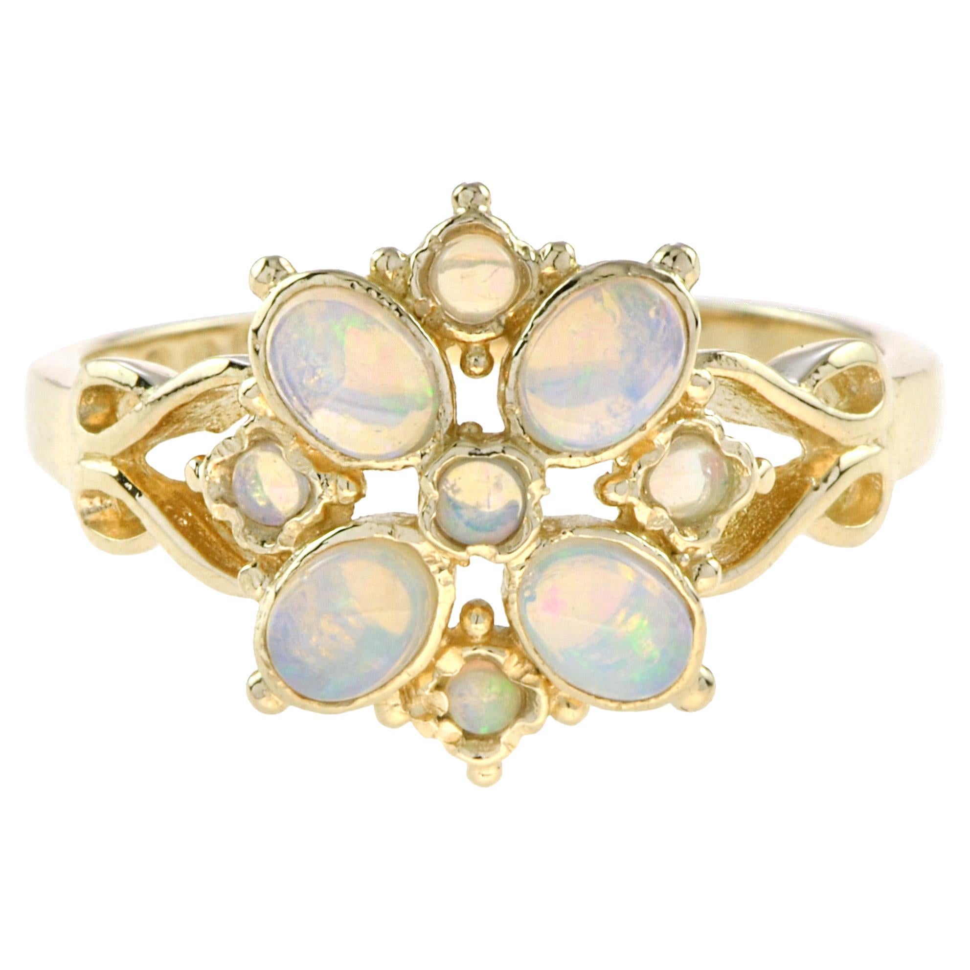 Vintage Style Natural Opal Flower Ring in 14K Yellow Gold