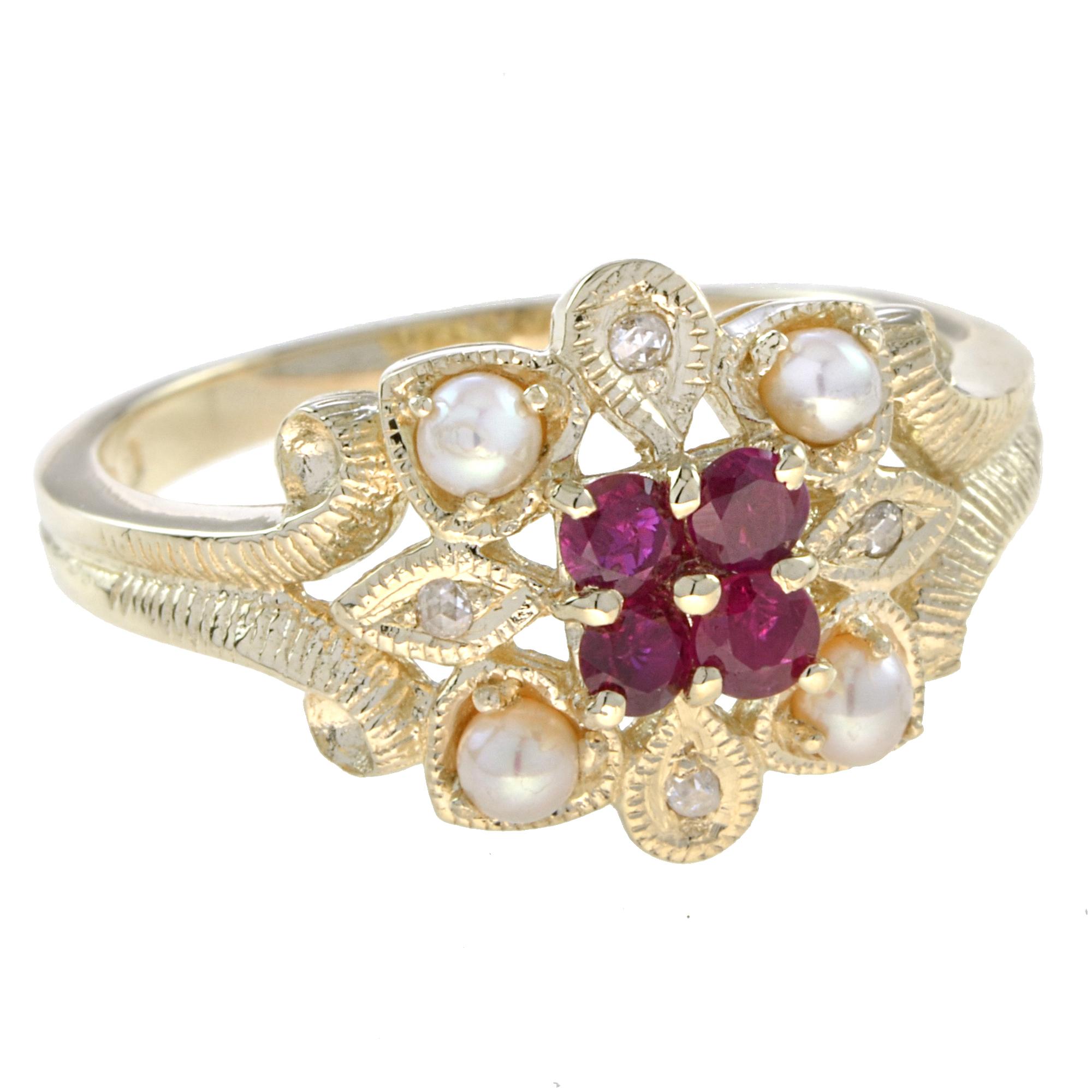 For Sale:  Vintage Style Natural Ruby with Pearl and Diamond Flower Ring in 14K Yellow Gold 2