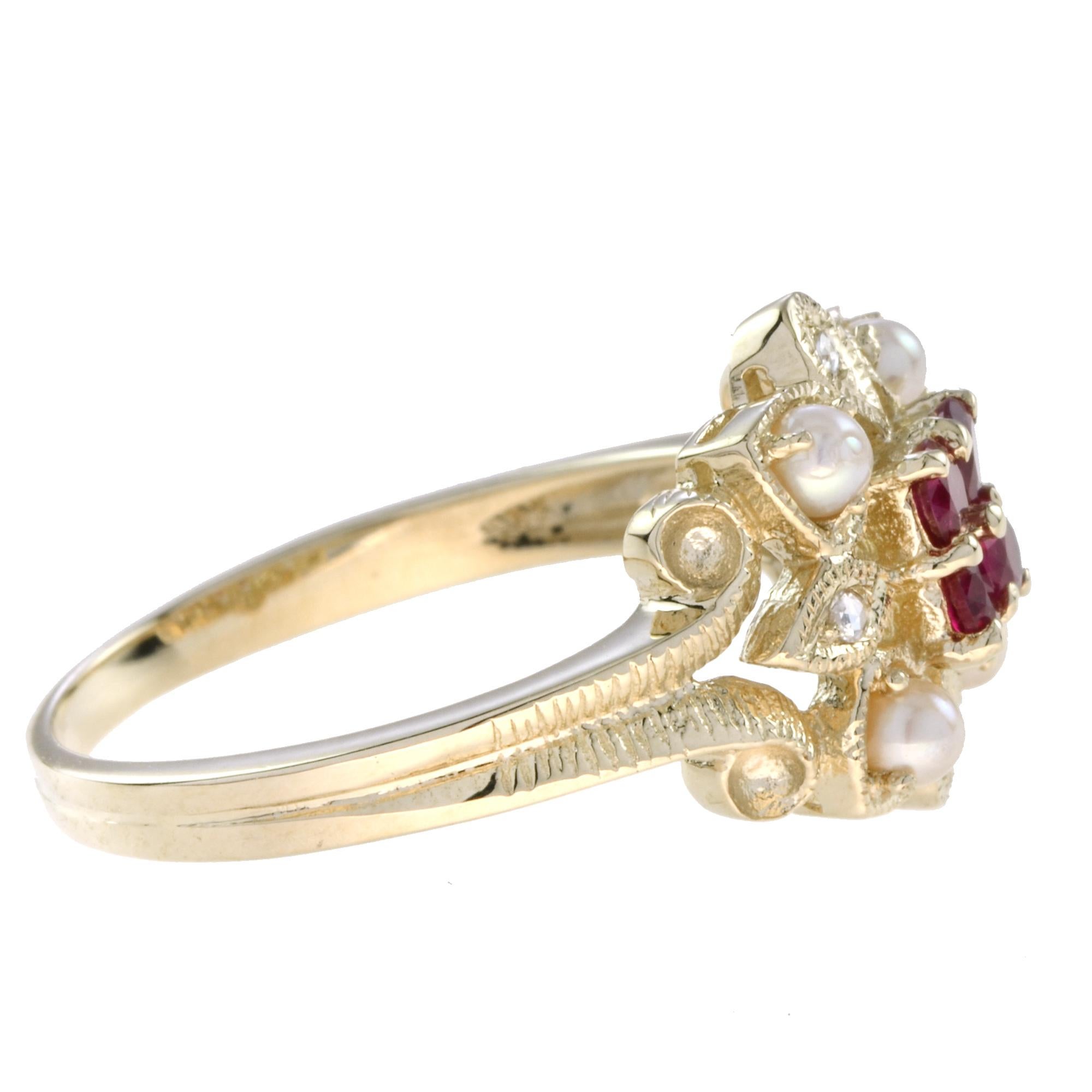 For Sale:  Vintage Style Natural Ruby with Pearl and Diamond Flower Ring in 14K Yellow Gold 3