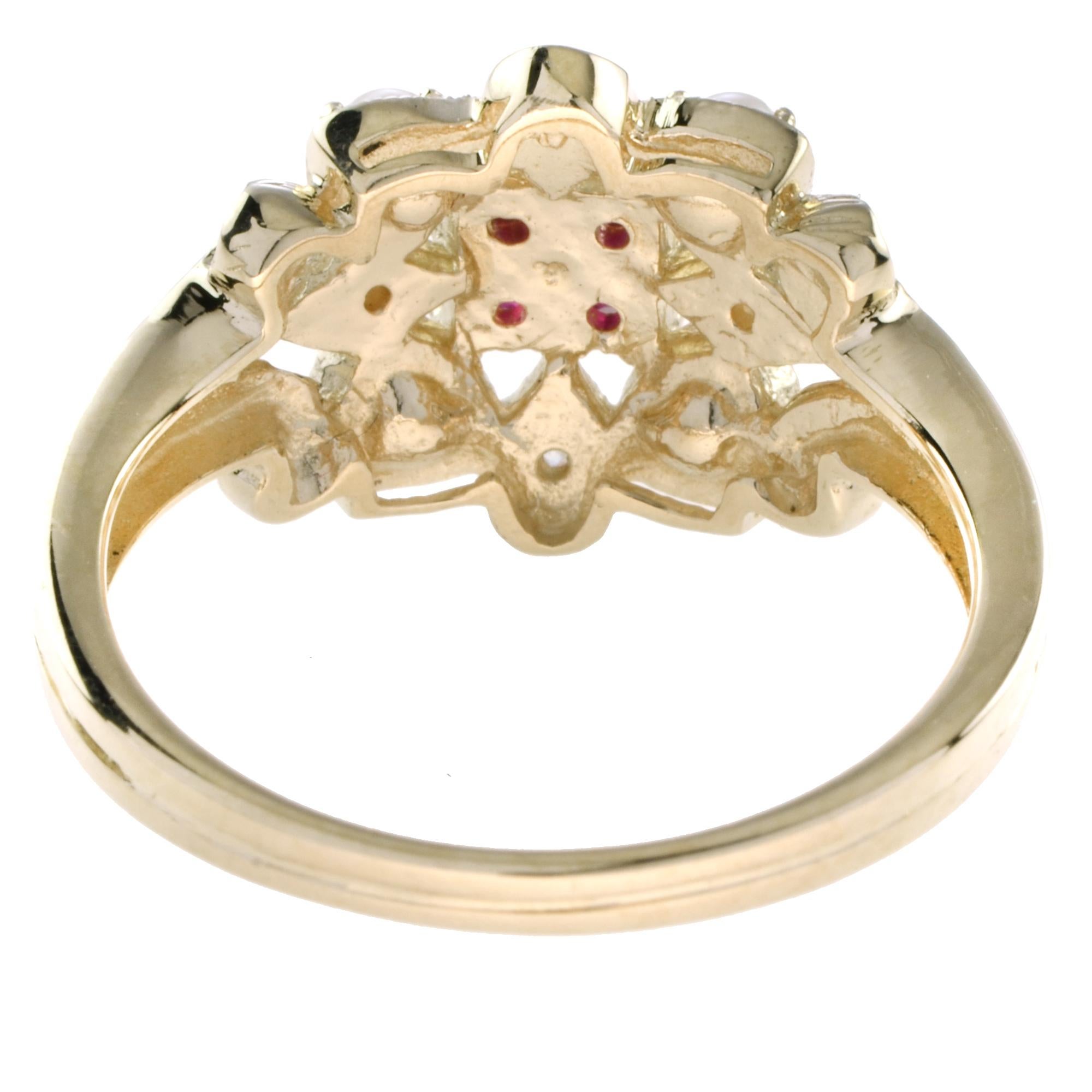 For Sale:  Vintage Style Natural Ruby with Pearl and Diamond Flower Ring in 14K Yellow Gold 4