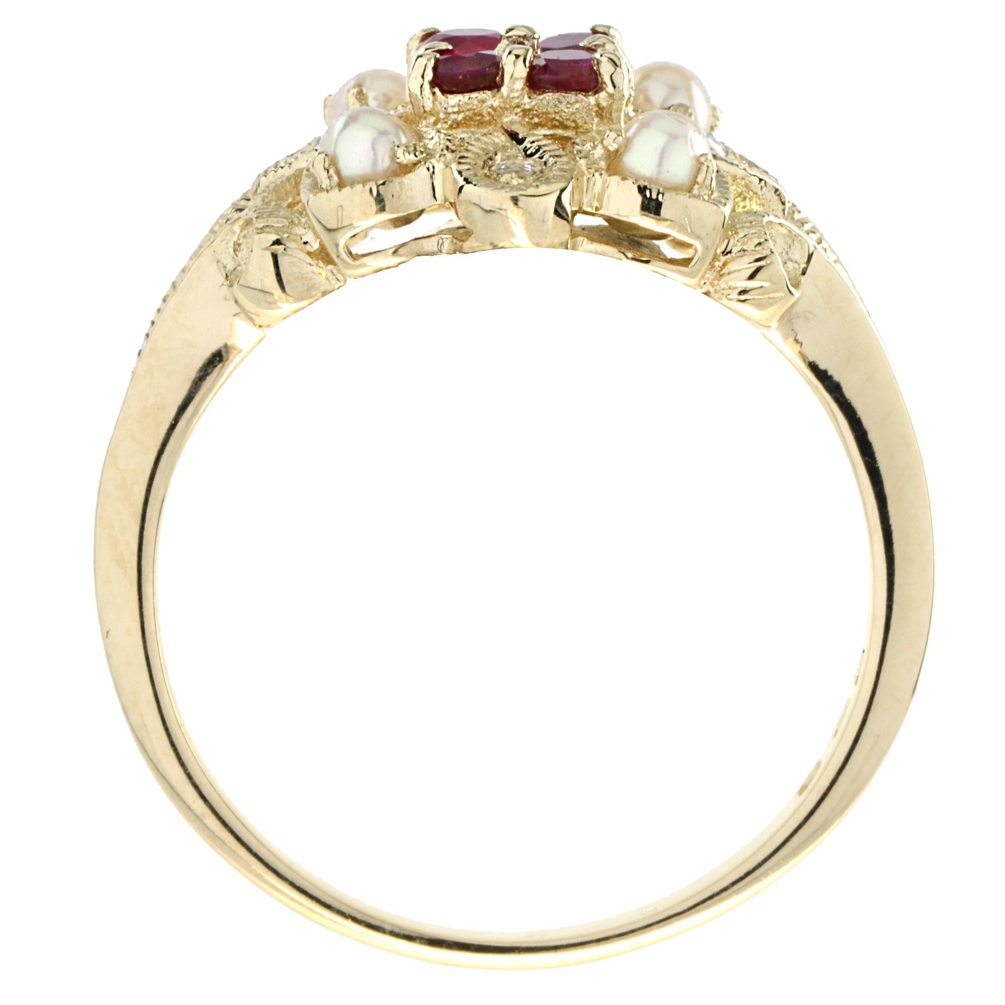 For Sale:  Vintage Style Natural Ruby with Pearl and Diamond Flower Ring in 14K Yellow Gold 5