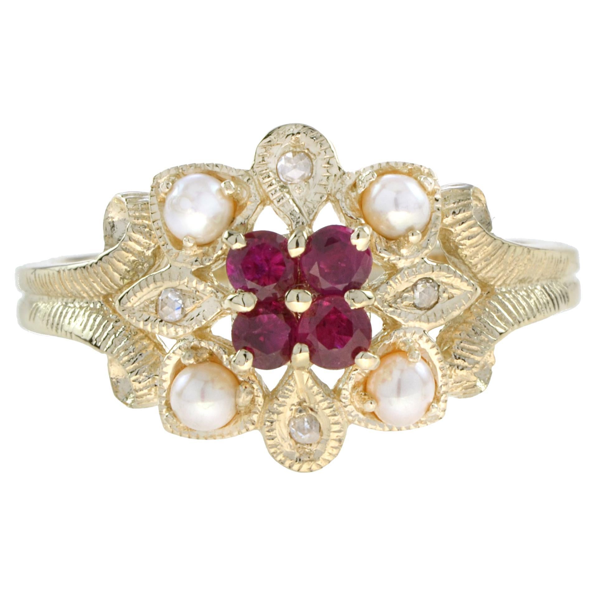 For Sale:  Vintage Style Natural Ruby with Pearl and Diamond Flower Ring in 14K Yellow Gold