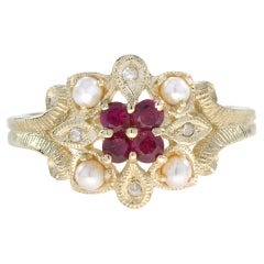 Vintage Style Natural Ruby with Pearl and Diamond Flower Ring in 14K Yellow Gold
