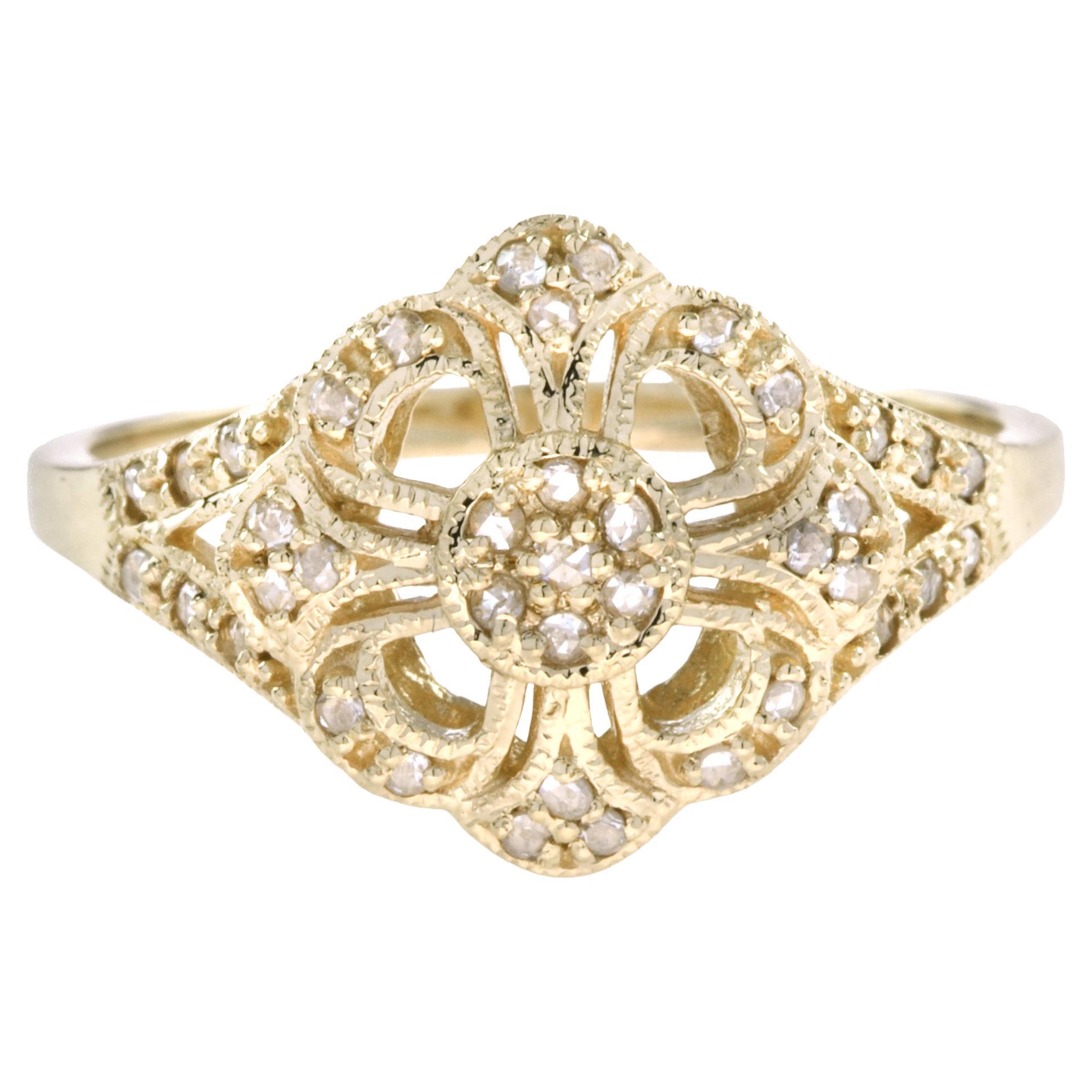 Diamant-Blumenring im Vintage-Stil aus 18 Karat Gelbgold