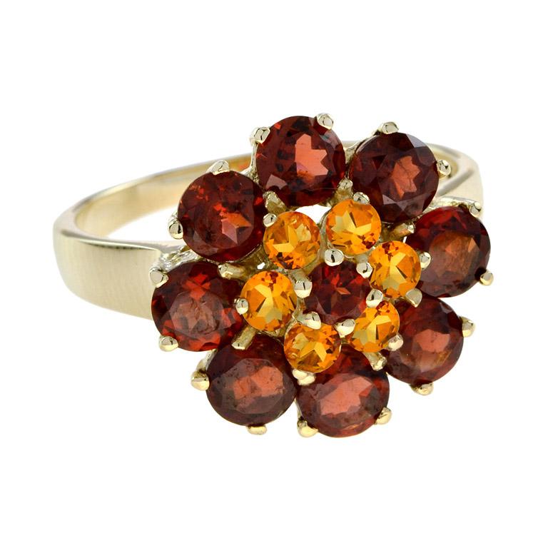 For Sale:  Vintage Style Natural Garnet and Citrine Flower Ring in 14K Yellow Gold 3