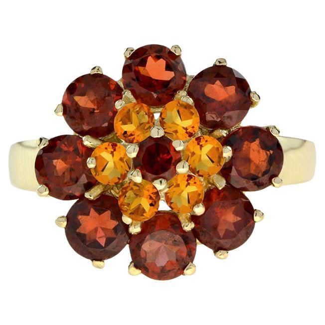 Vintage Style Natural Garnet and Citrine Flower Ring in 14K Yellow Gold