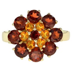 Bague de style vintage en or jaune 14 carats avec grenats naturels et fleurs en citrine