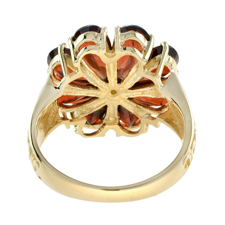 For Sale:  Vintage Style Natural Peridot and Garnet Flower Cluster Ring in 14K Yellow 8
