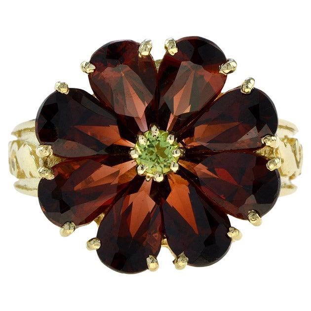 For Sale:  Vintage Style Natural Peridot and Garnet Flower Cluster Ring in 14K Yellow