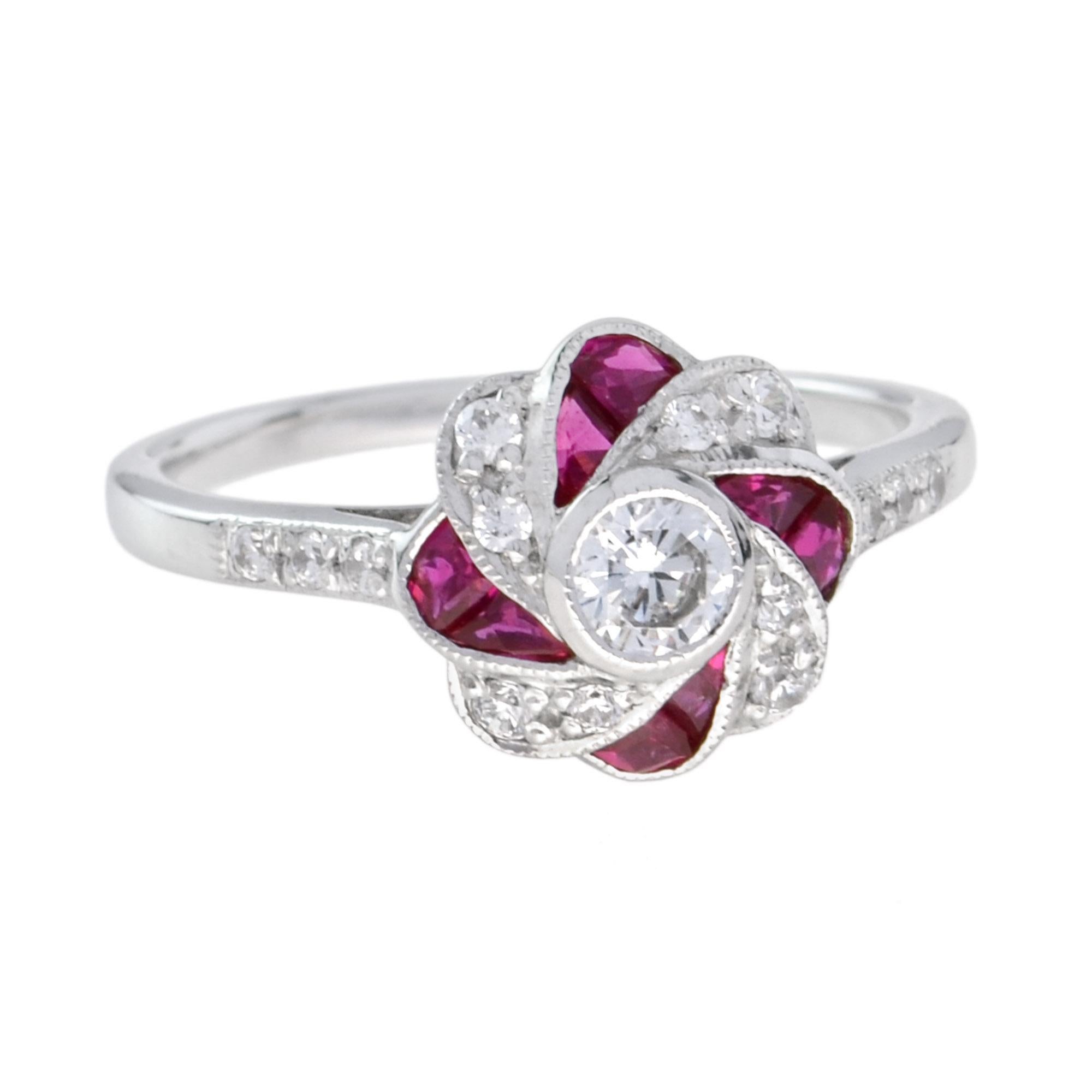 For Sale:  Art Deco Style Diamond and Ruby Floral Engagement Ring in 18K White Gold 3