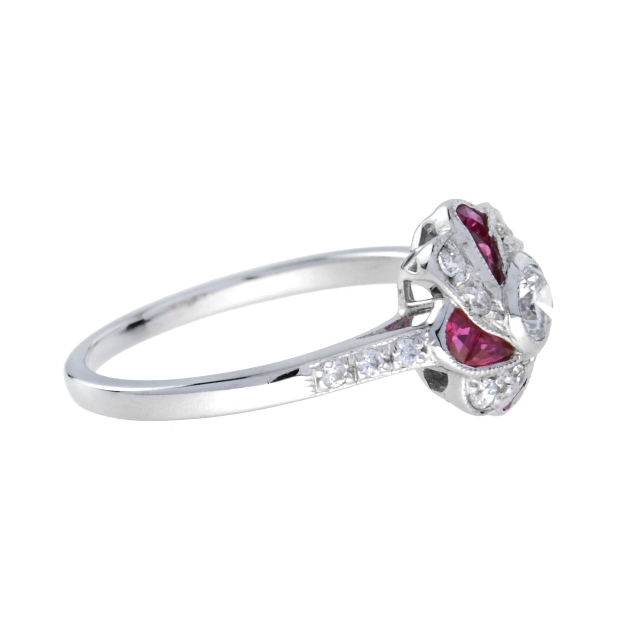 For Sale:  Art Deco Style Diamond and Ruby Floral Engagement Ring in 18K White Gold 4