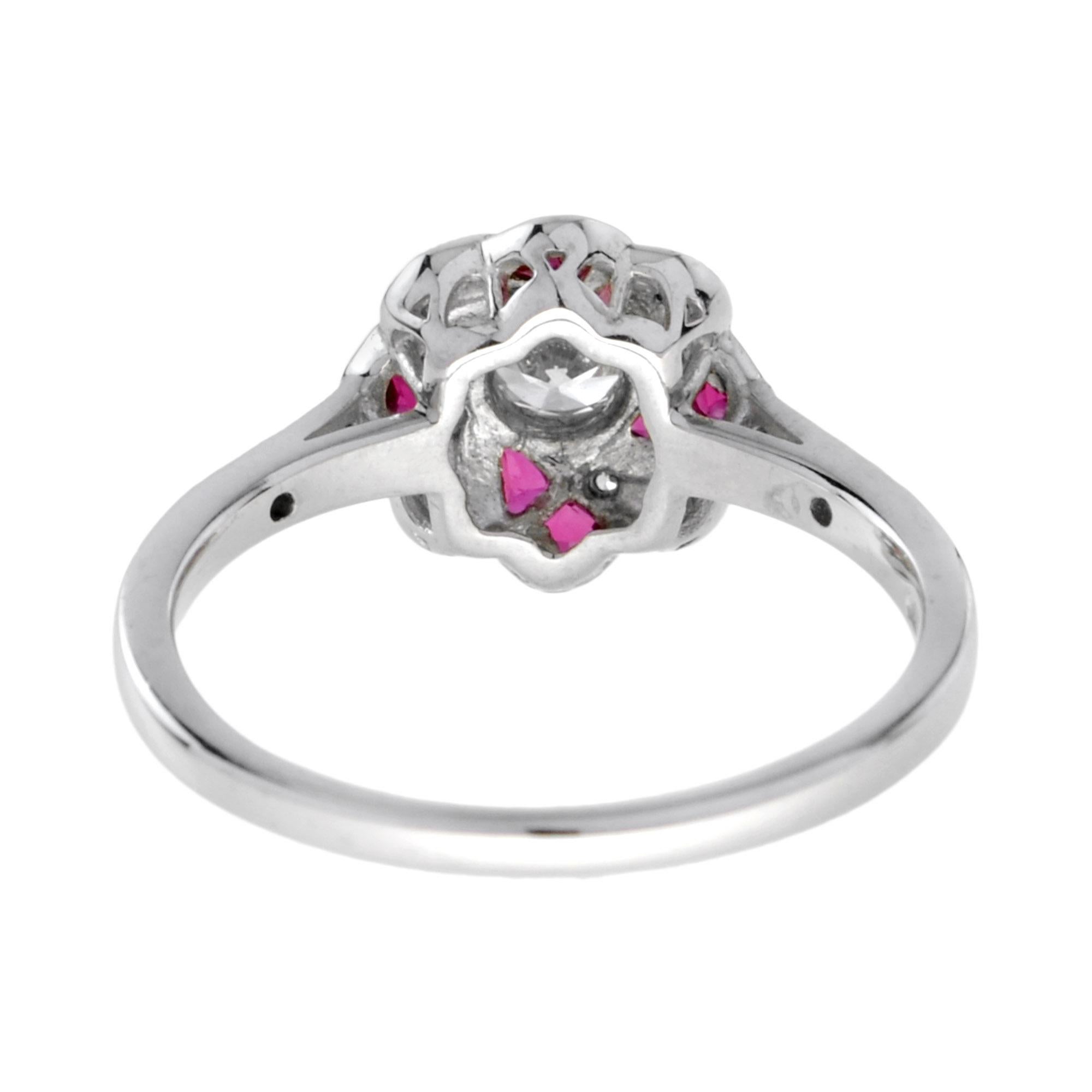 For Sale:  Art Deco Style Diamond and Ruby Floral Engagement Ring in 18K White Gold 5