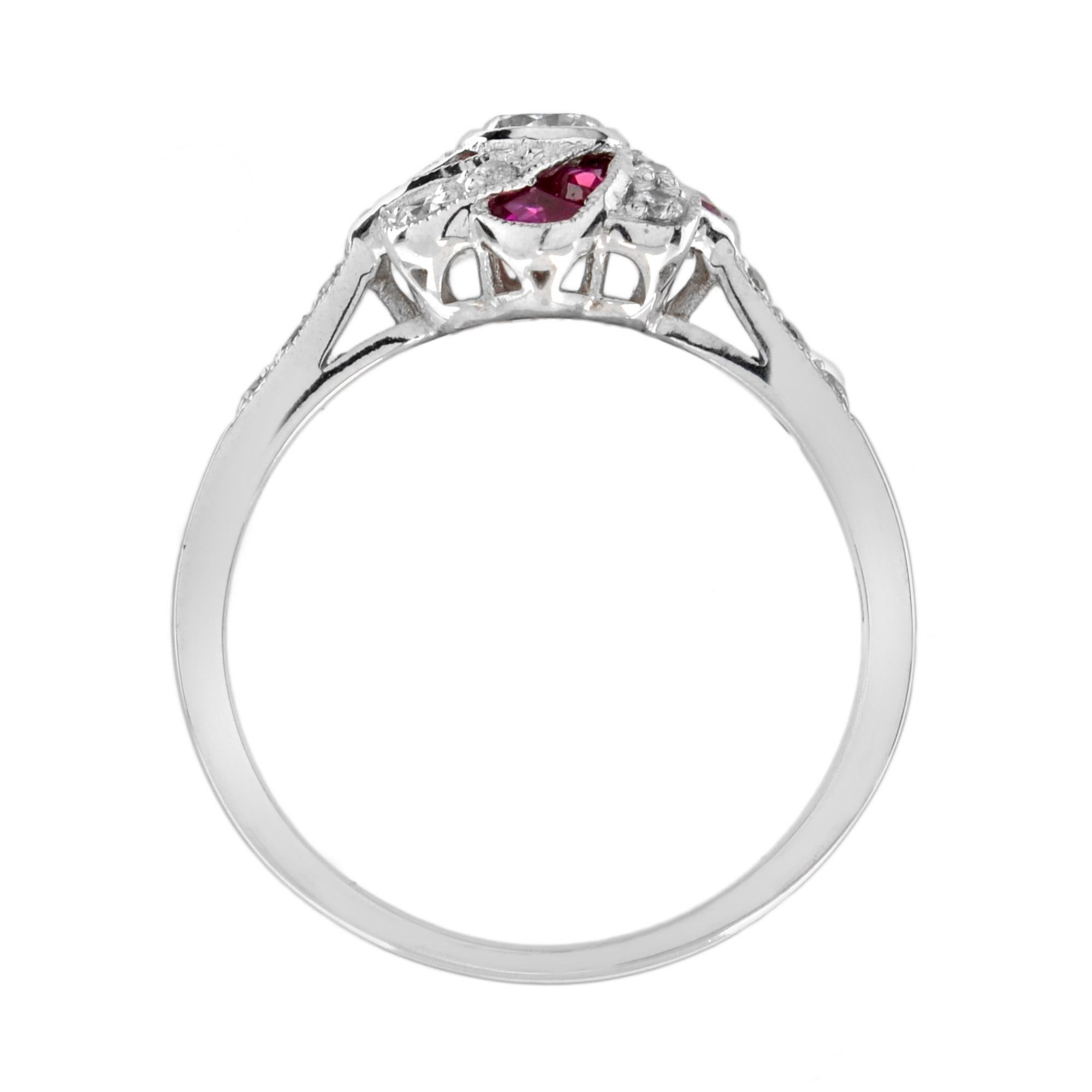 For Sale:  Art Deco Style Diamond and Ruby Floral Engagement Ring in 18K White Gold 6