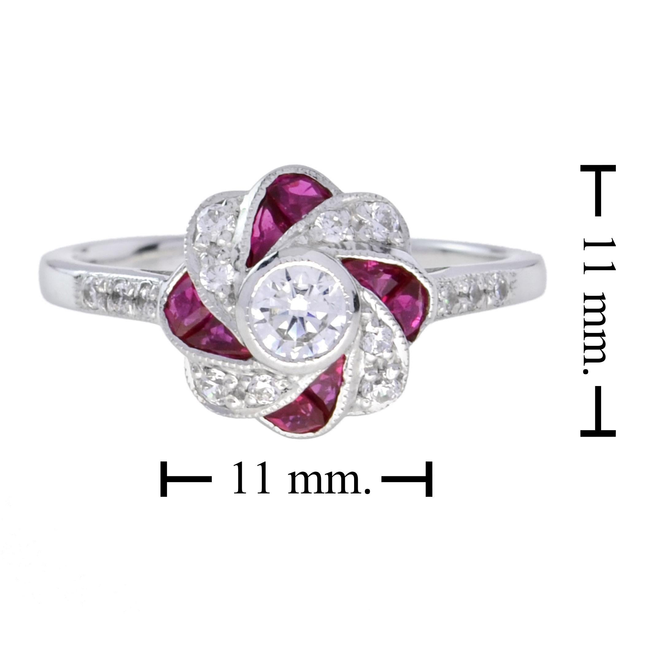 For Sale:  Art Deco Style Diamond and Ruby Floral Engagement Ring in 18K White Gold 7