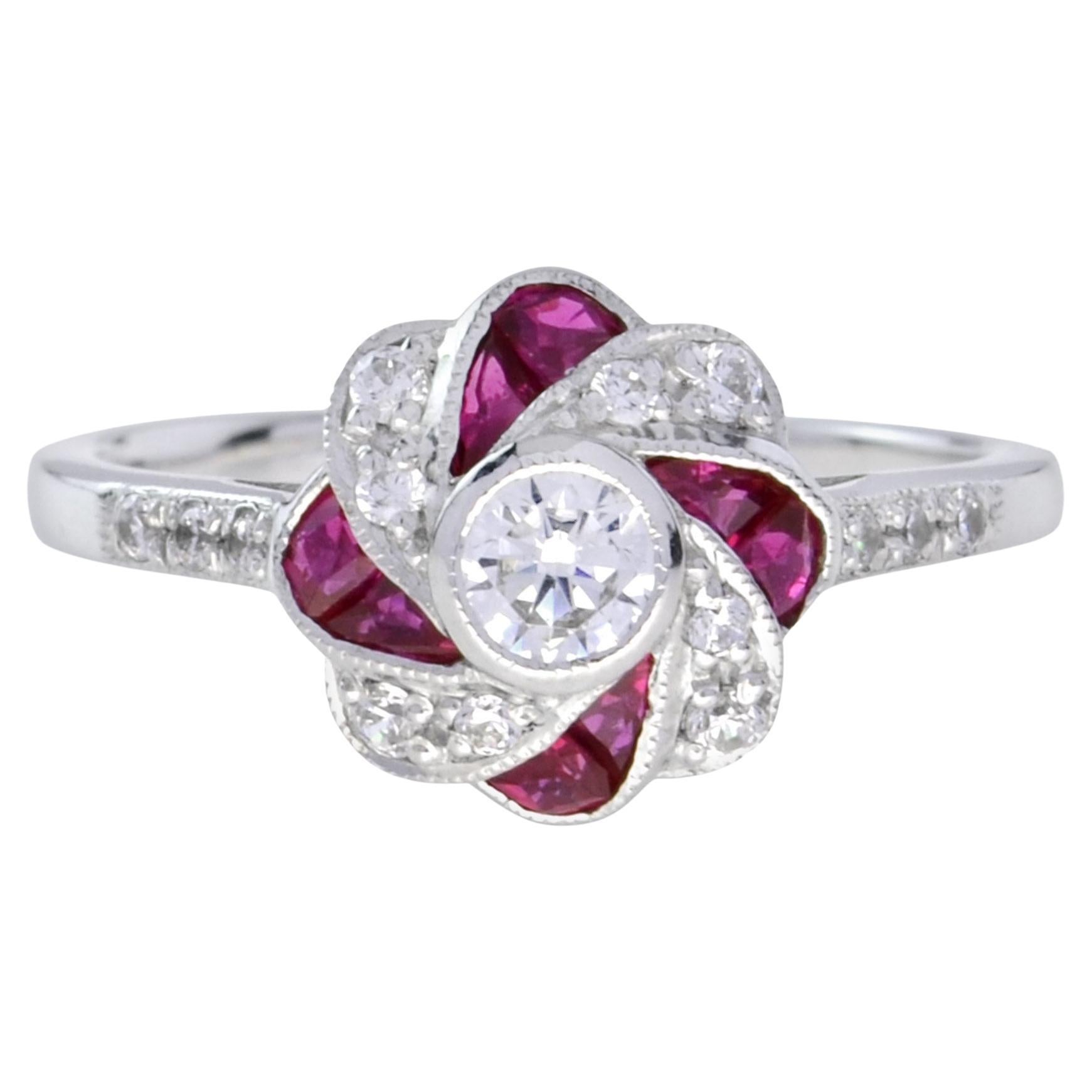 For Sale:  Art Deco Style Diamond and Ruby Floral Engagement Ring in 18K White Gold