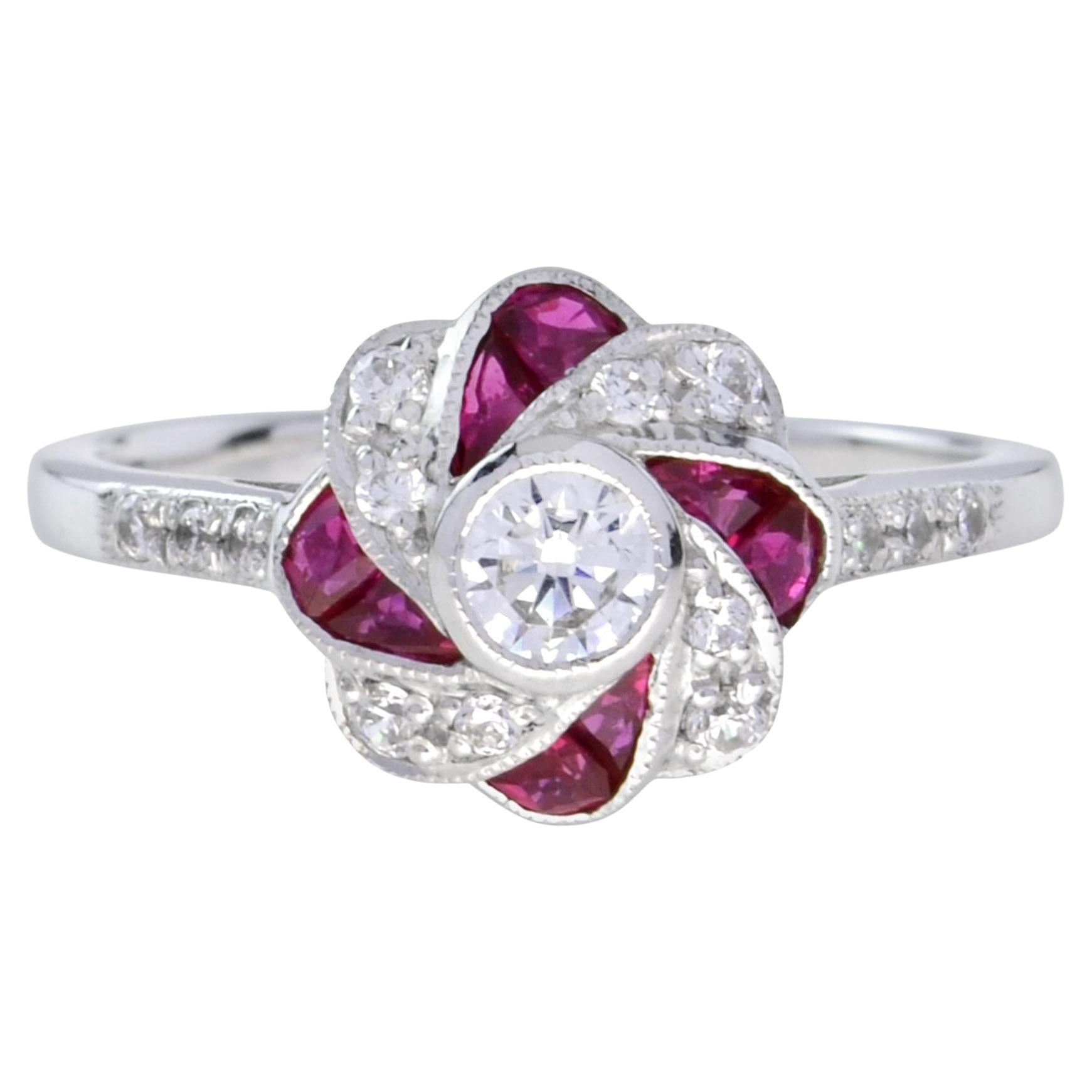 Bague de fiançailles de style Art déco à fleurs en or blanc 18 carats avec diamants et rubis