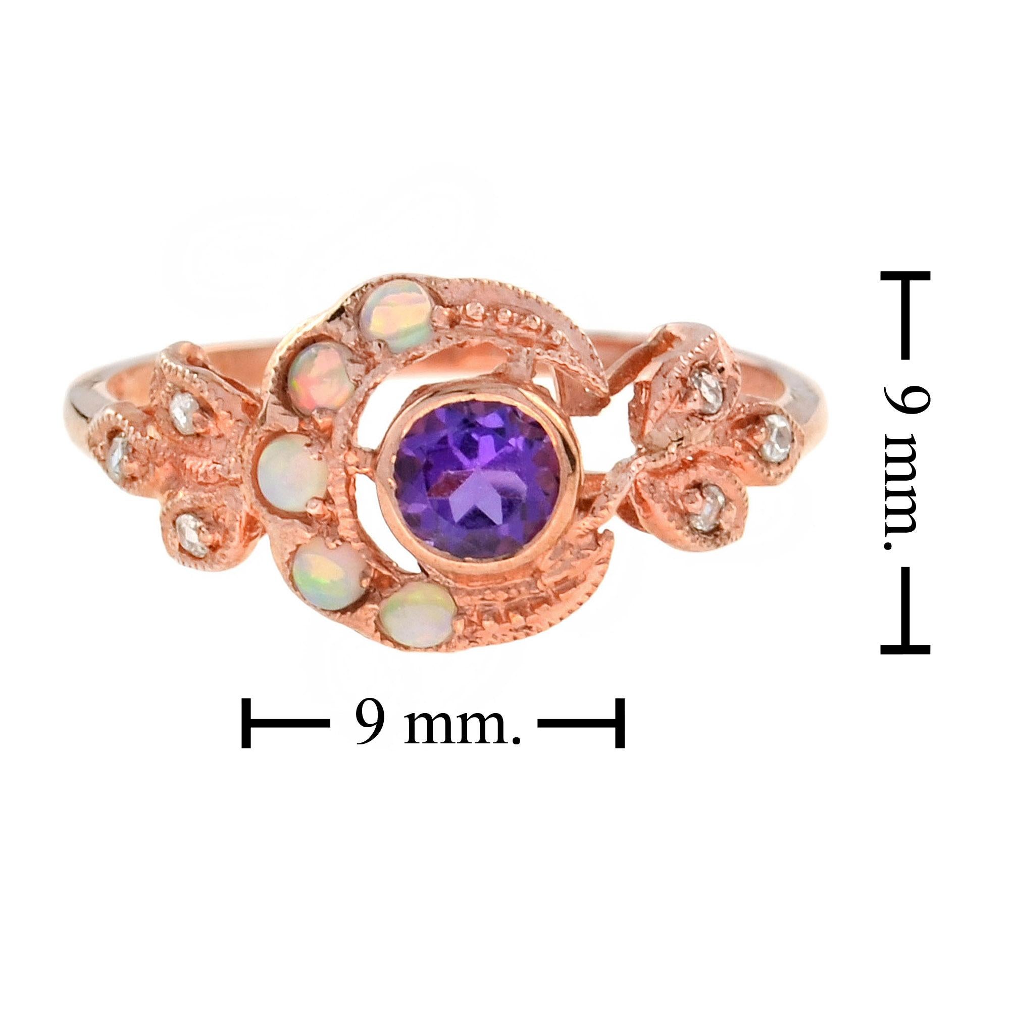 Fleur Victorian Amethyst with Opal and Diamond Ring in 9K Rose Gold In New Condition In Bangkok, TH