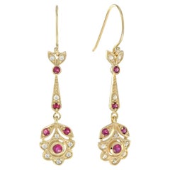 Fleur Vintage Style Ruby and Diamond Drop Earrings in 9K Yellow Gold