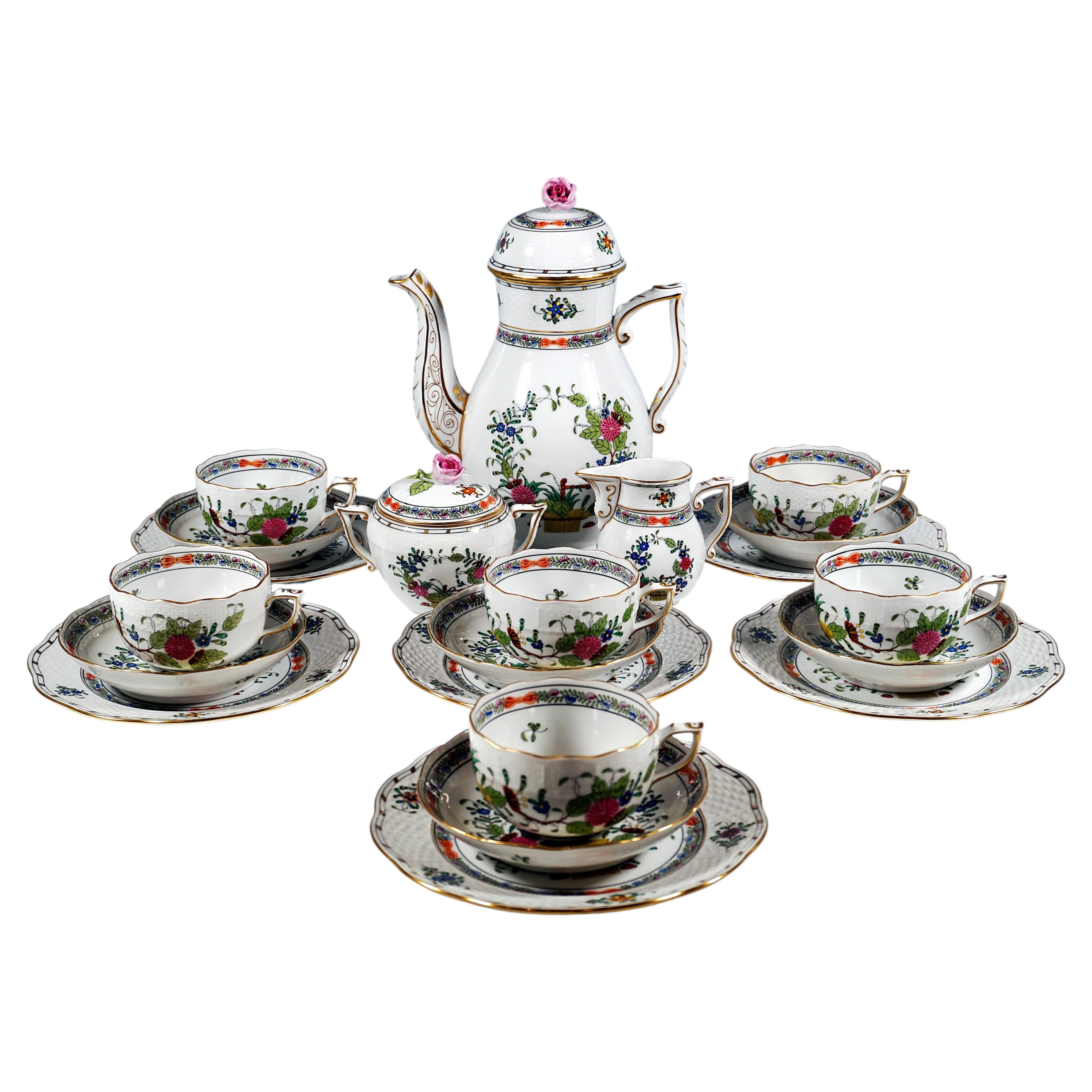 Fleurs Des Indes Coffee & Dessert Set For 6 Persons, Herend Hungary 20th Century