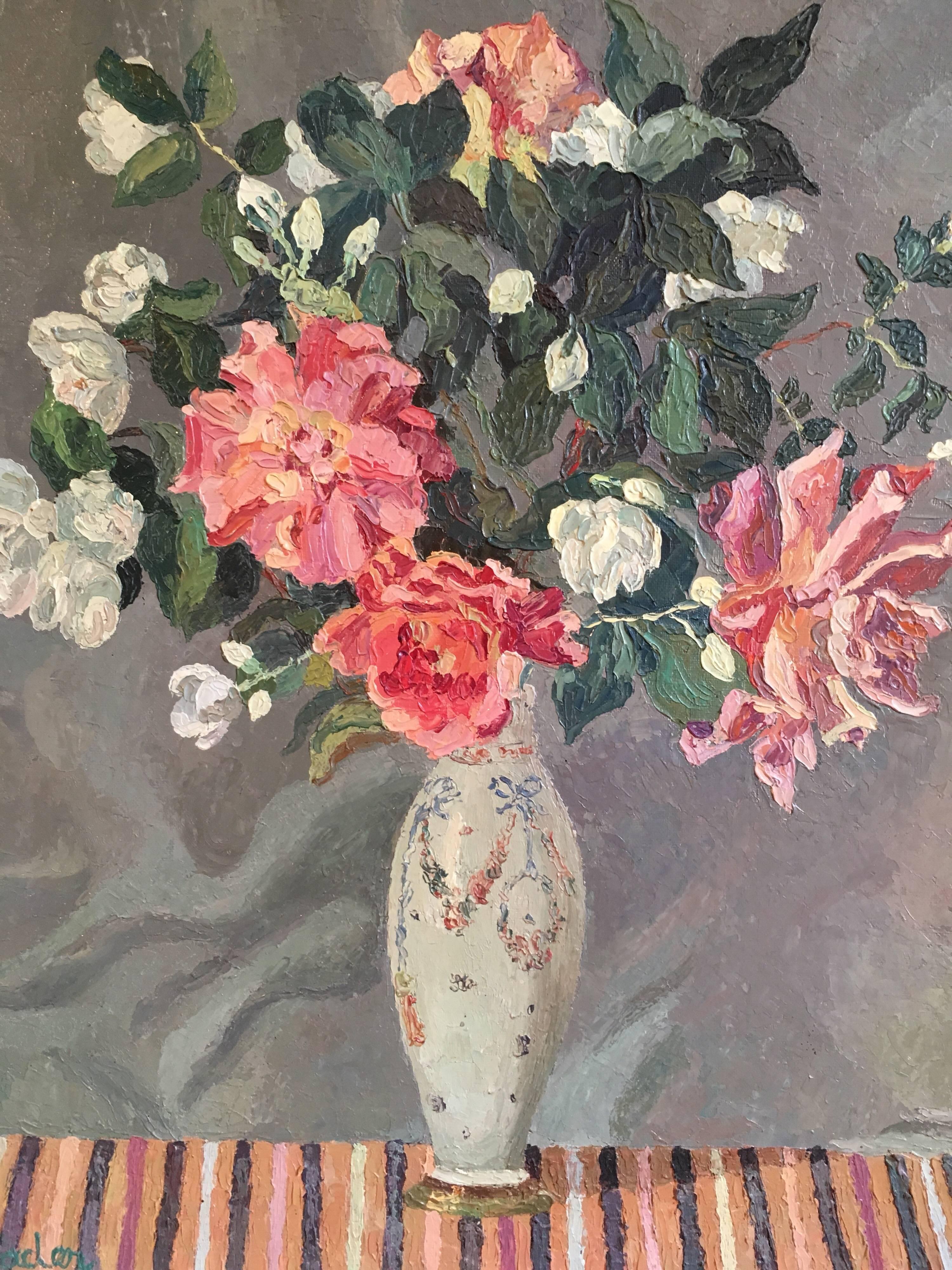 20th Century 'Fleurs' French Bouquet, Impressionist Oil Painting, Signed For Sale