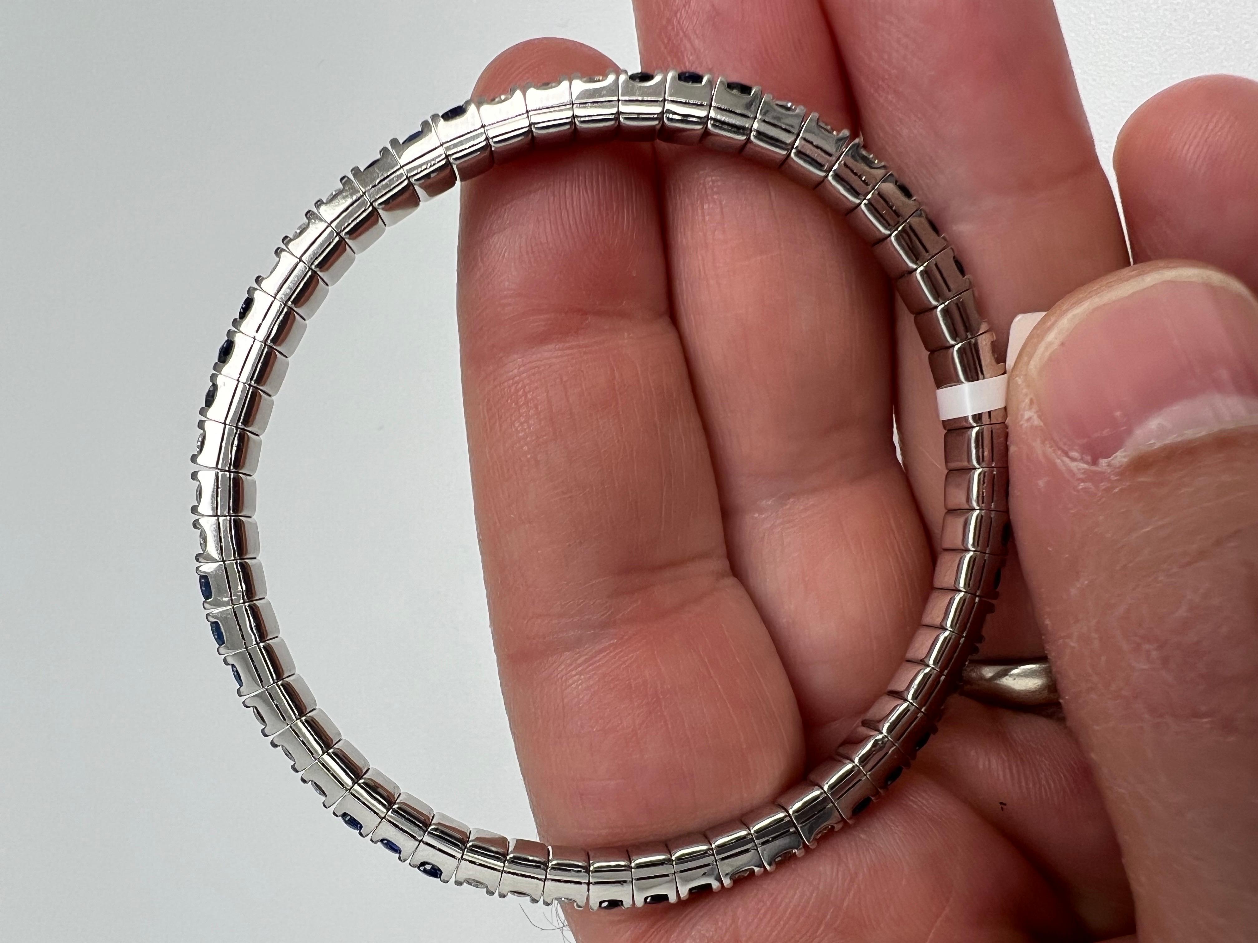 Women's or Men's Flex Bangle Bracelet in 14k White Gold With Natural Diamonds & Blue Sapphires For Sale