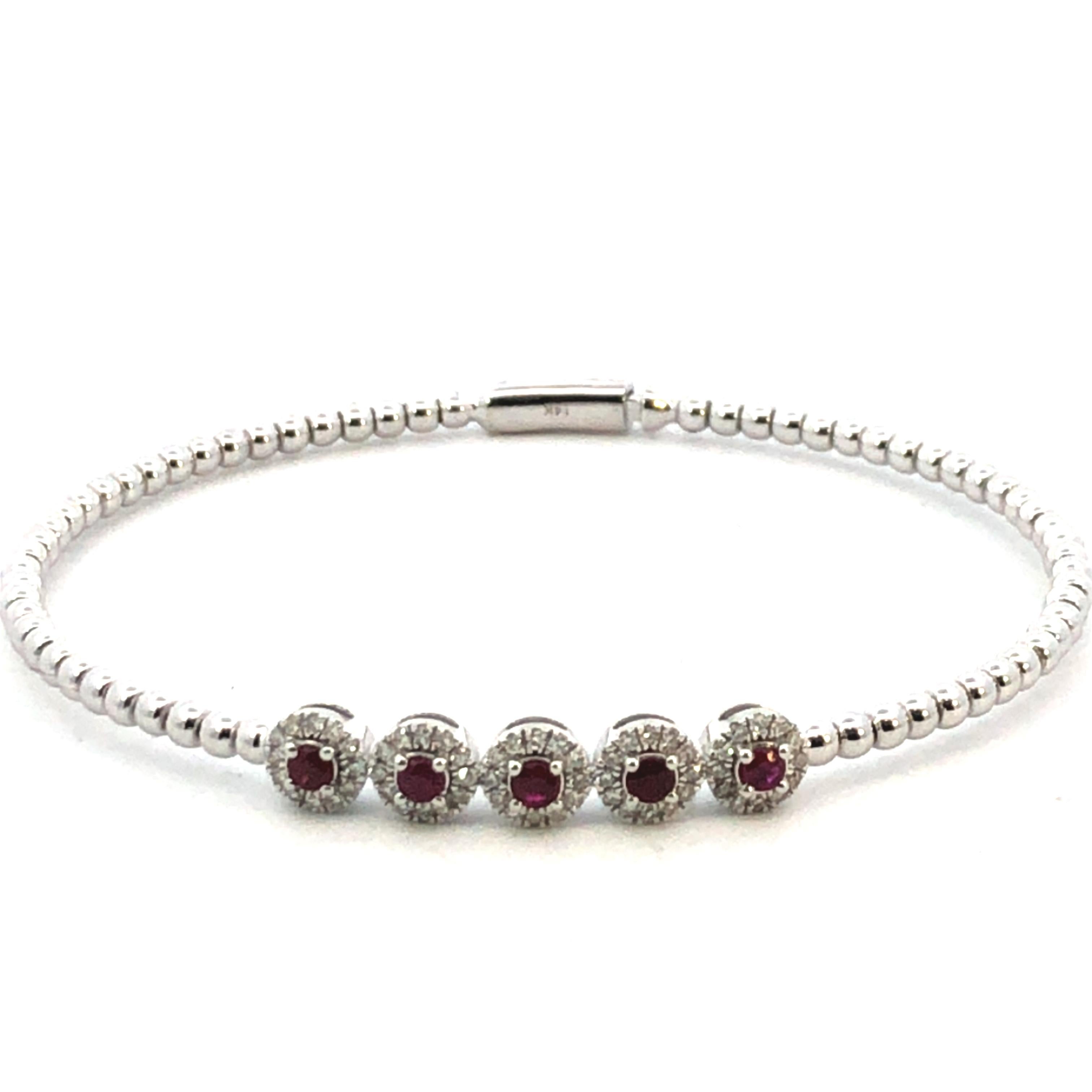 Radiant Ruby & Diamond Beaded Bracelet – 14K White Gold

Experience the perfect fusion of luxury and elegance with this exquisite 14K White Gold Beaded Bracelet, adorned with brilliant diamonds (0.35ct) and vibrant red rubies (0.40ct). The intricate