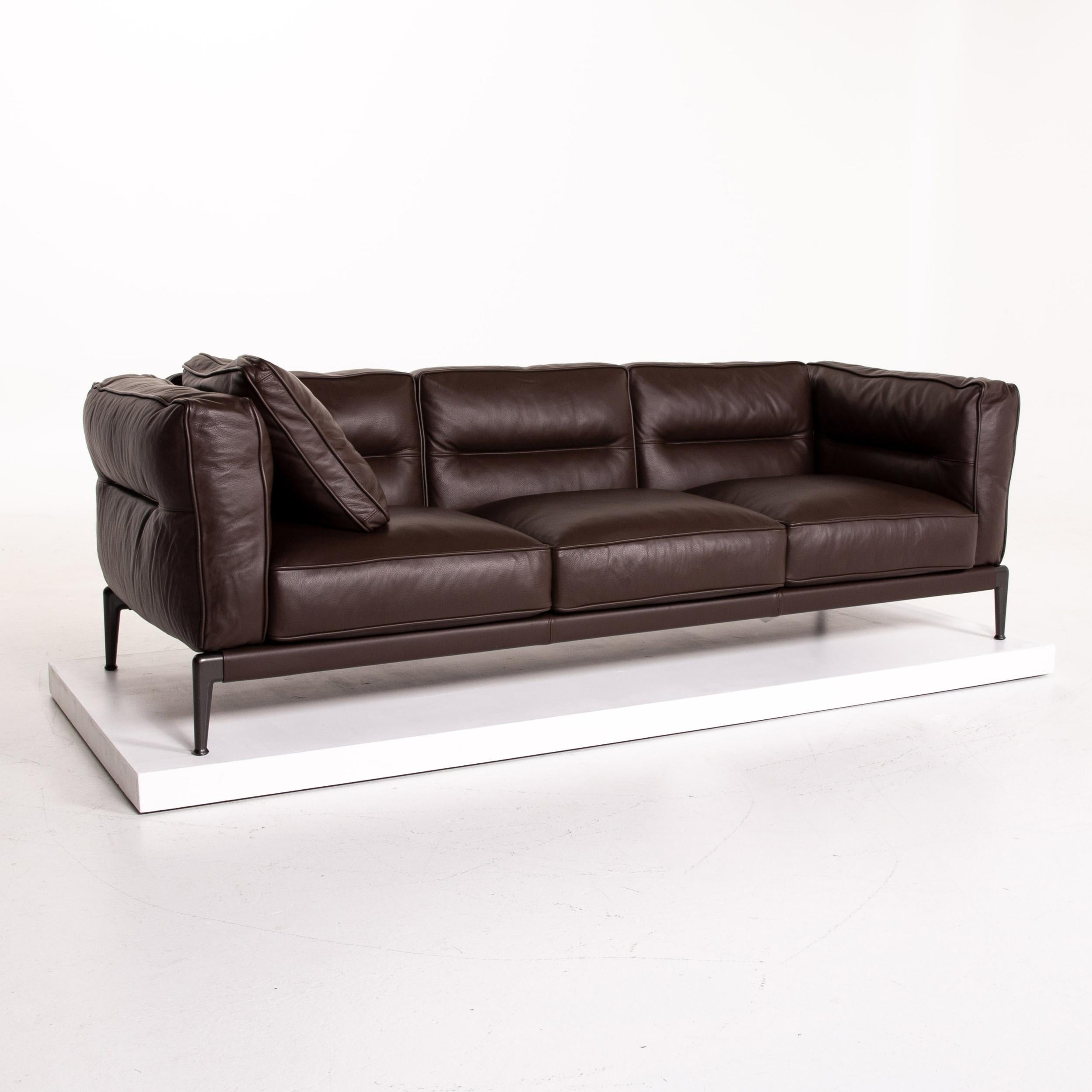 Contemporary Flexform Adda Leather Sofa Brown Dark Brown Three-Seat Couch