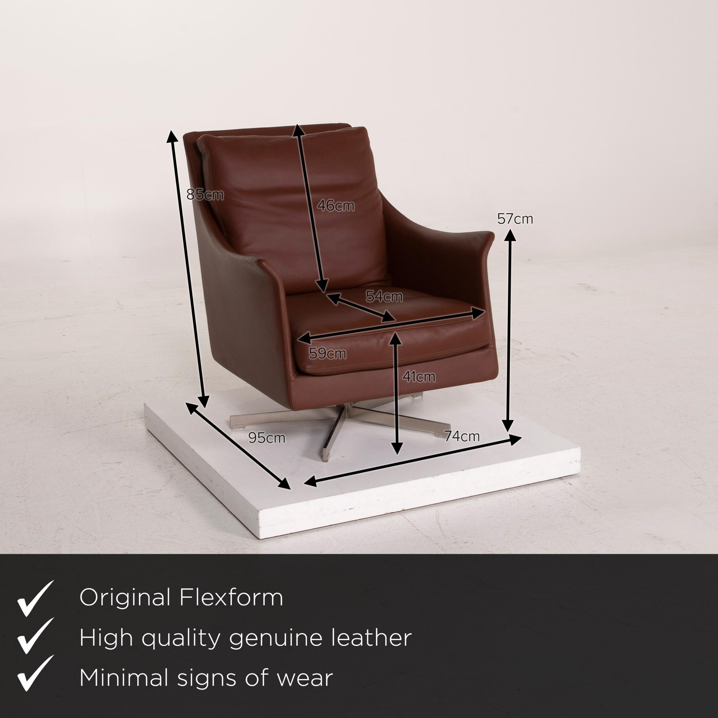 We present to you a Flexform boss leather armchair brown.

 

 Product measurements in centimeters:
 

Depth 95
Width 74
Height 85
Seat height 41
Rest height 57
Seat depth 54
Seat width 59
Back height 46.