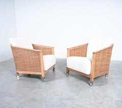 Flexform Bouclé Rattan Cane Lounge Armchairs Pair, Italy