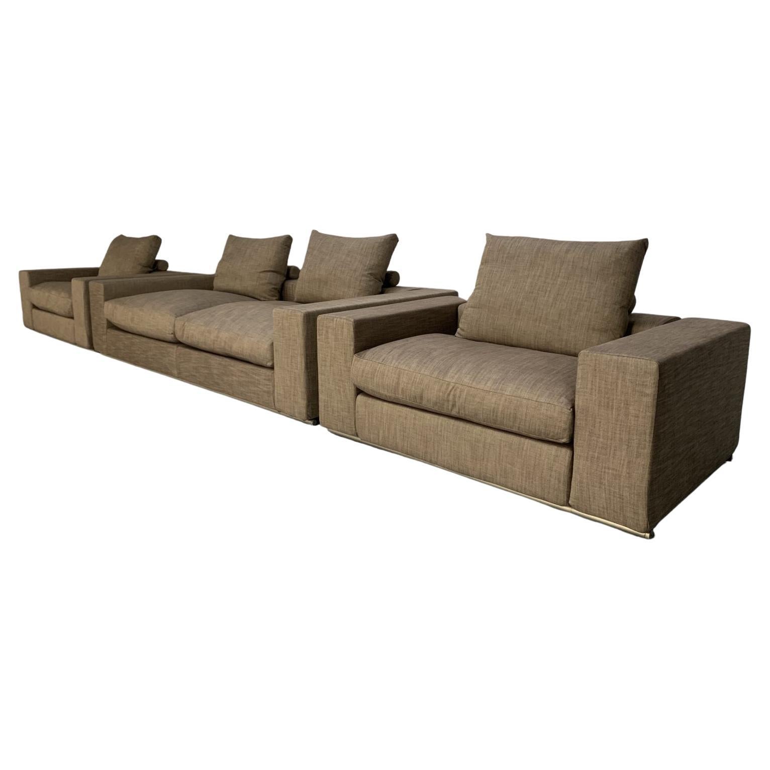 Flexform “Groundpiece” Sofa & 2 Armchair Suite, in Woven Linen For Sale