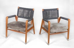 Fauteuils Flexform Ortigia en cordon de cuir noir tissé à la main sur noyer massif