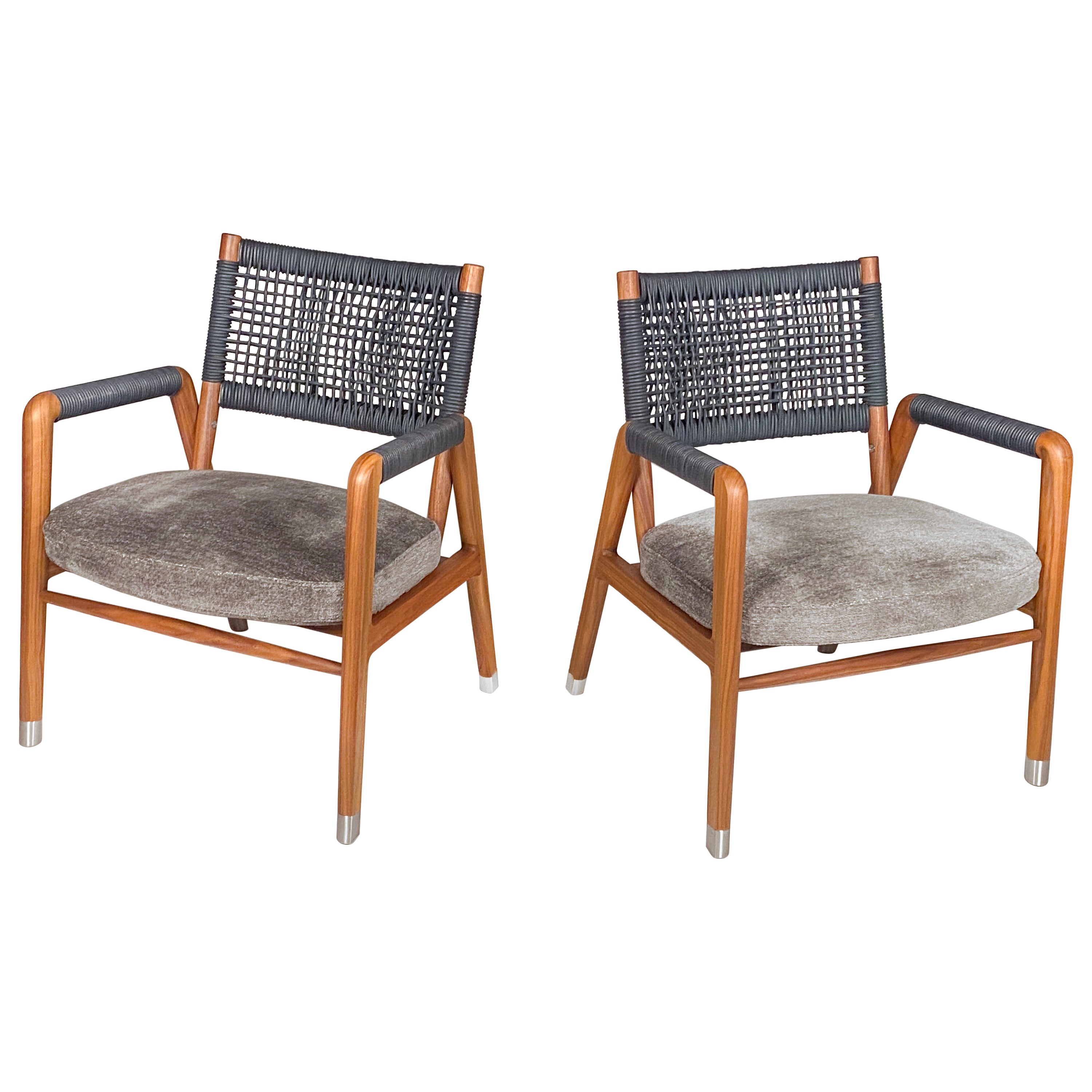 Sillones Flexform Ortigia de cordón de cuero negro tejido a mano sobre nogal macizo en venta
