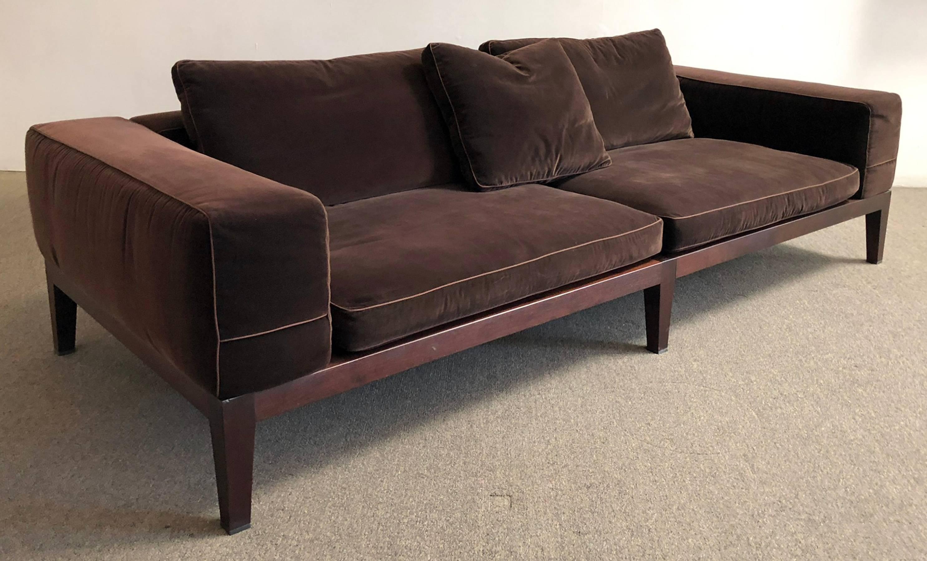 Flexform / made in Italy. Sofa designed by Antonio Citterio. Finished wood legs with plush velvet upholstery. Designed for comfort.