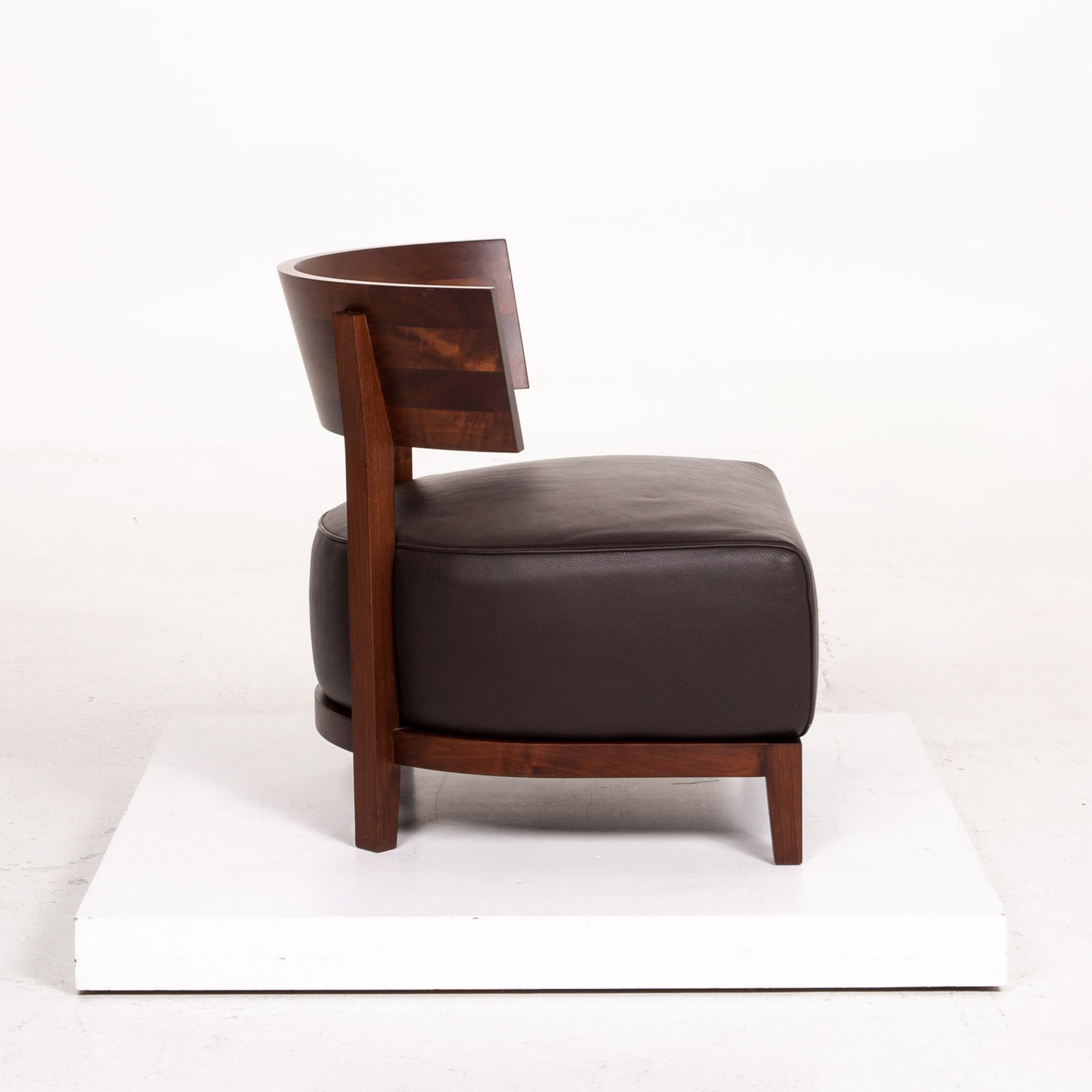 Contemporary Flexform Thomas Wood Leather Armchair Dark Brown Antonio Citterio Chair For Sale