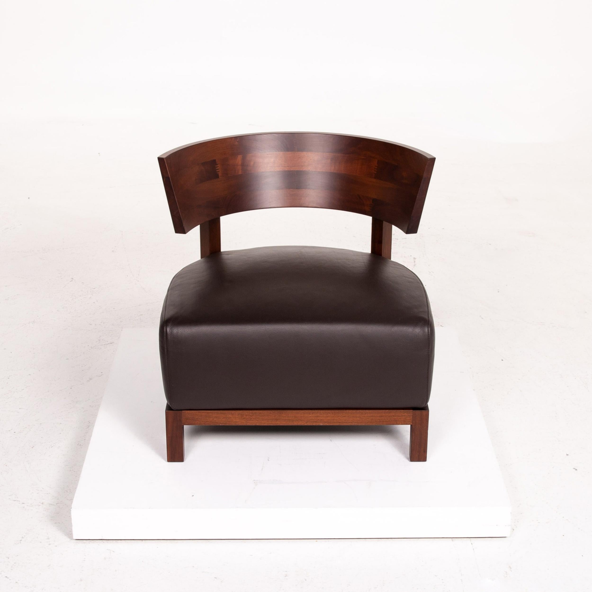 Contemporary Flexform Thomas Wood Leather Armchair Set Brown Dark Brown 2 Chair Antonio