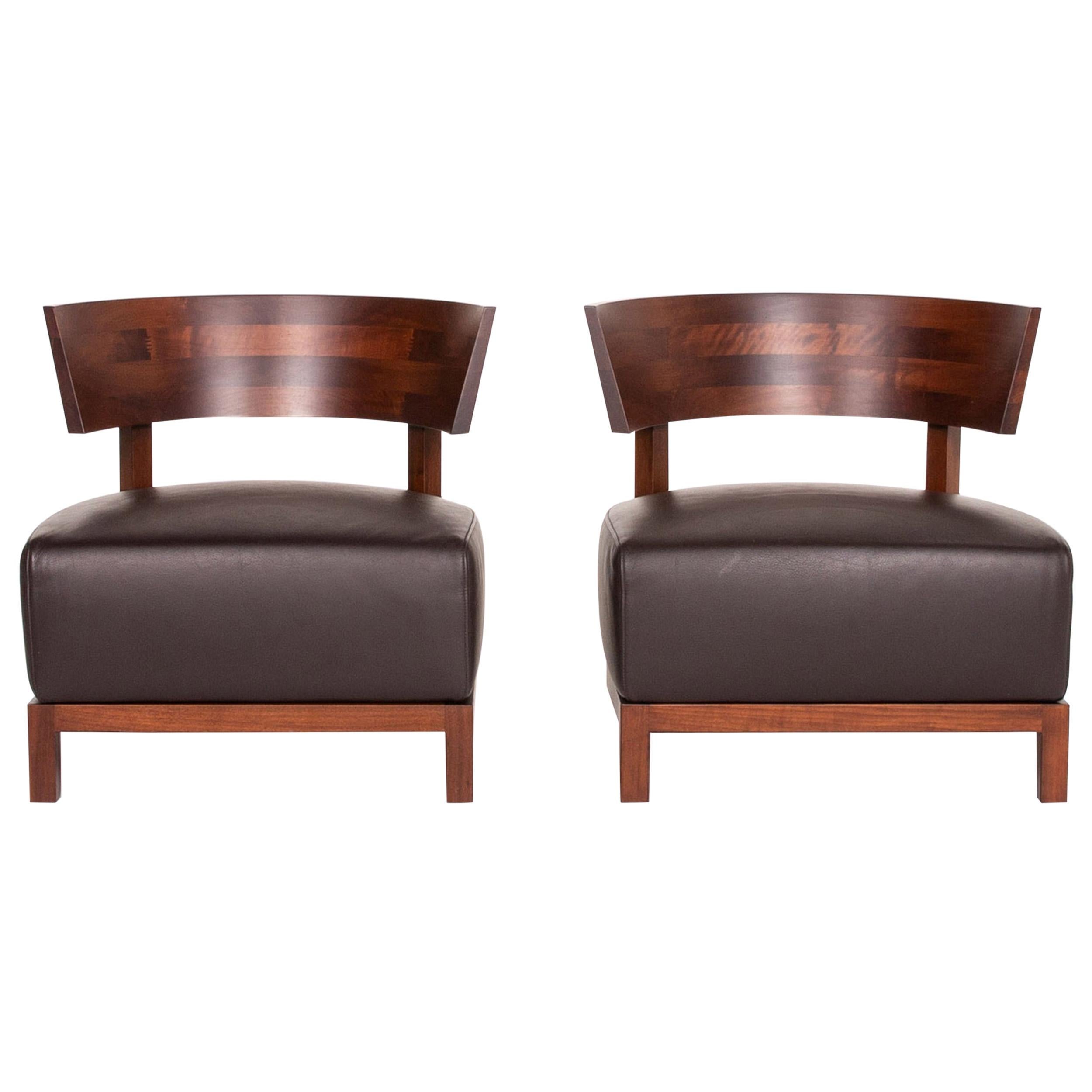 Flexform Thomas Wood Leather Armchair Set Brown Dark Brown 2 Chair Antonio