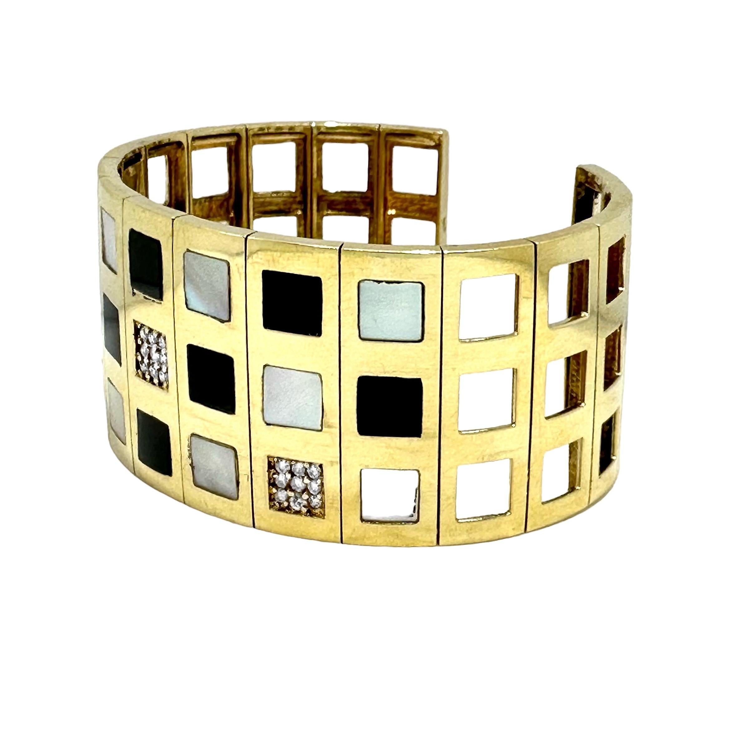 Modern Flexible Bangle Bracelet with Diamonds, Mother of Pearl & Onyx For Sale