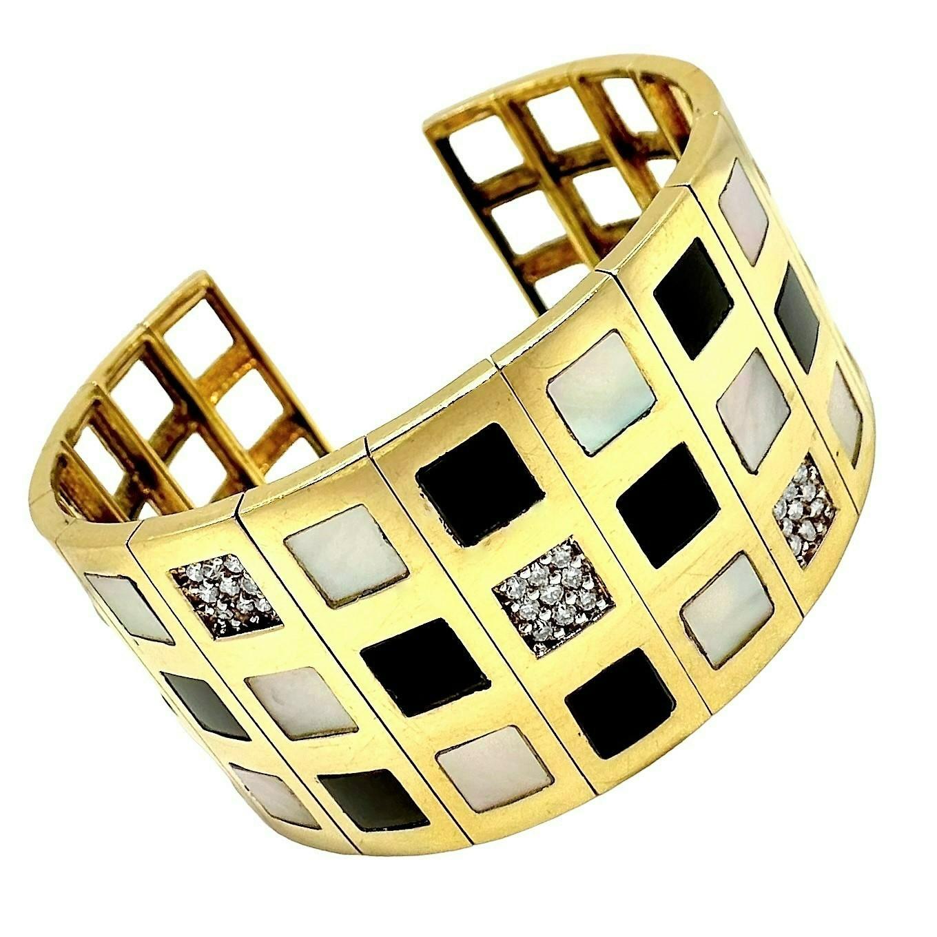 Flexible Bangle Bracelet with Diamonds, Mother of Pearl & Onyx For Sale