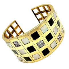 Retro Flexible Bangle Bracelet with Diamonds, Mother of Pearl & Onyx