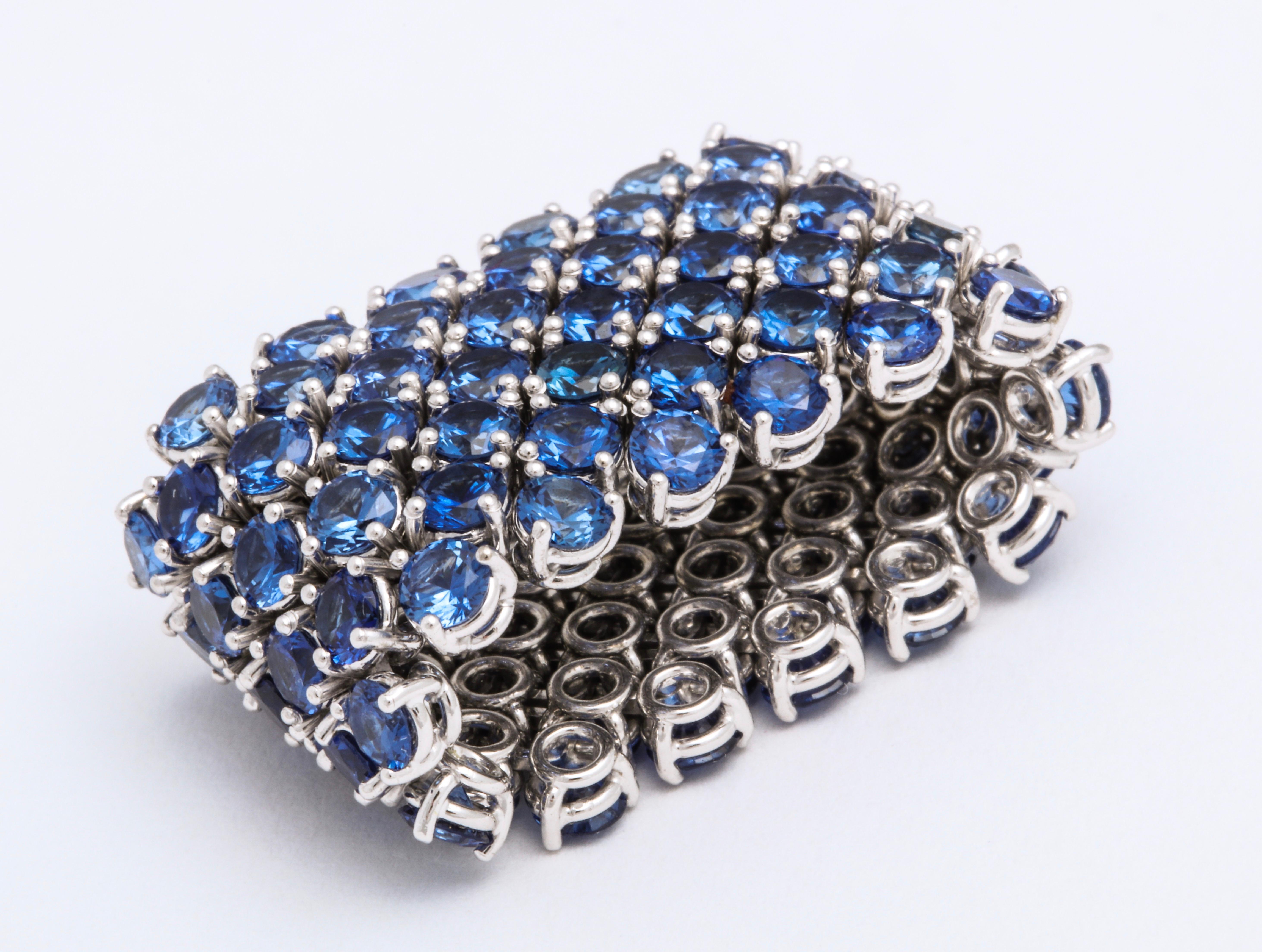 Women's or Men's Flexible 7-Row Blue Sapphire White Gold Ring For Sale