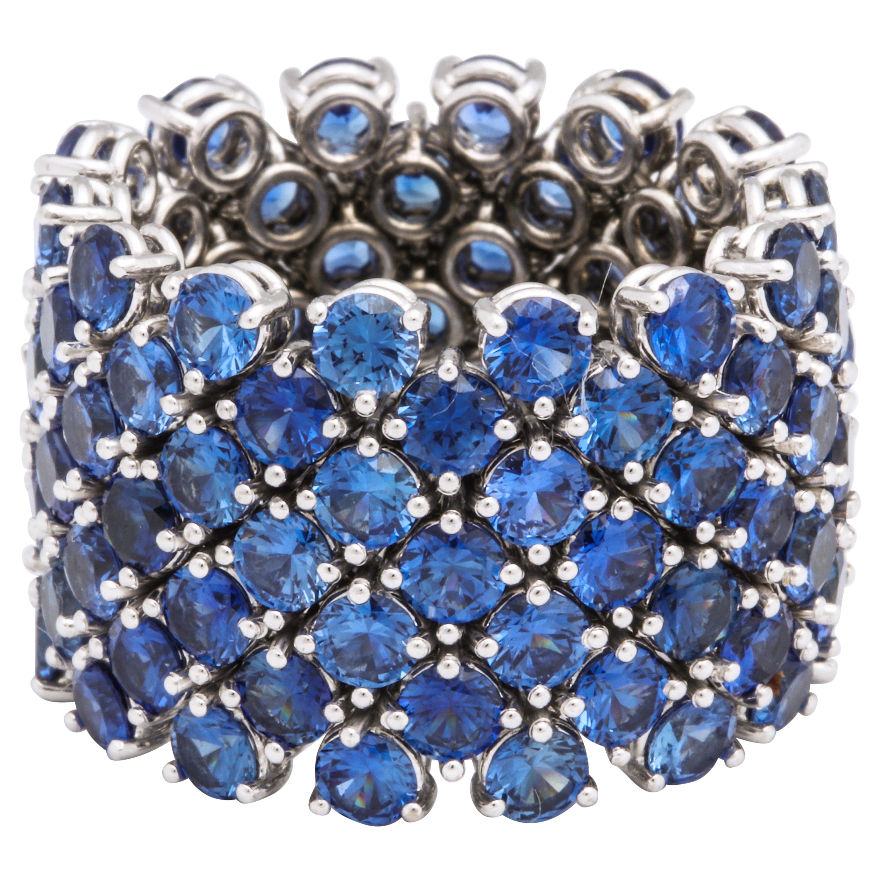 Flexible 7-Row Blue Sapphire White Gold Ring