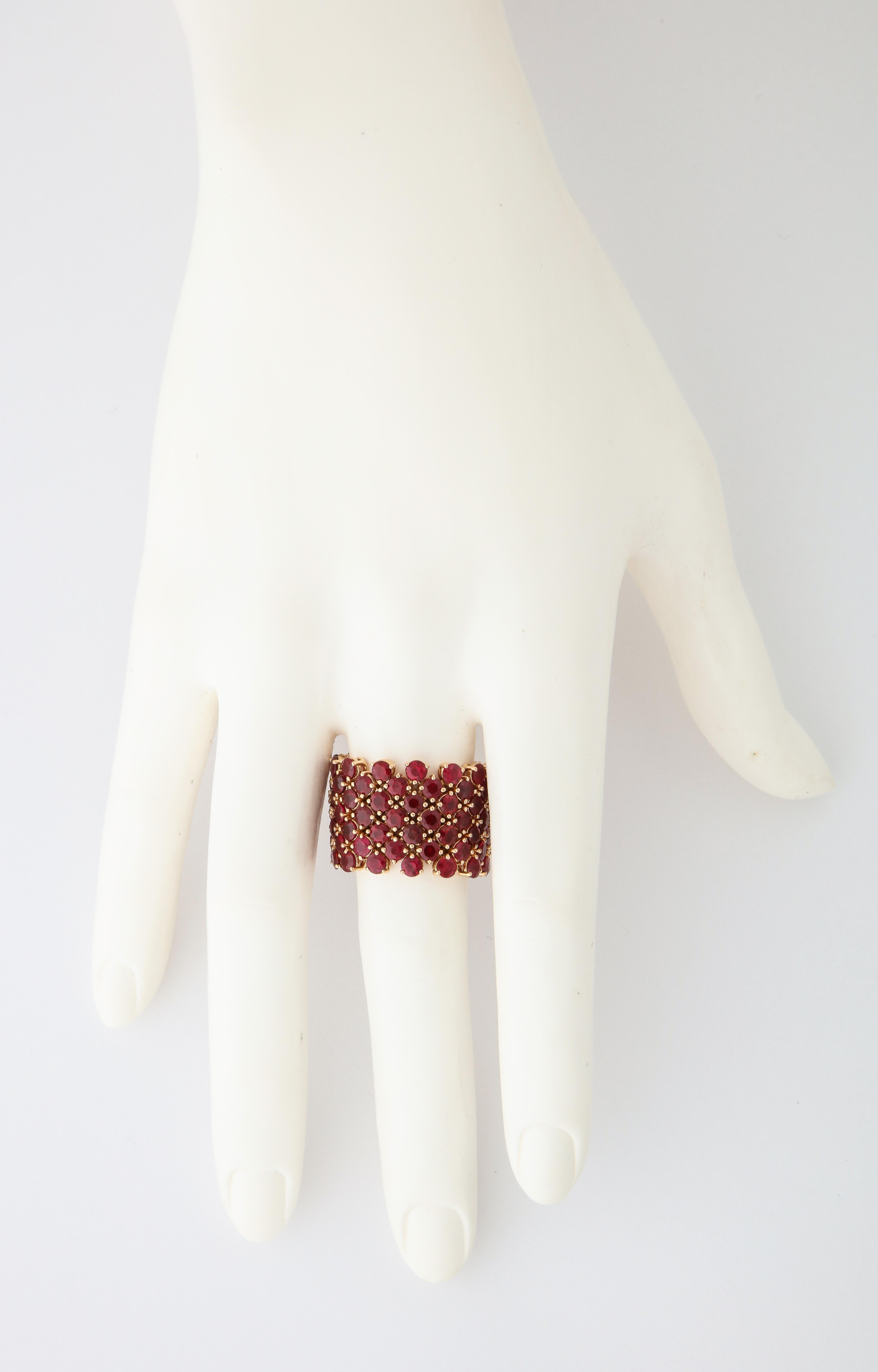 Contemporary Flexible 7-Row Ruby Rose Gold Ring For Sale