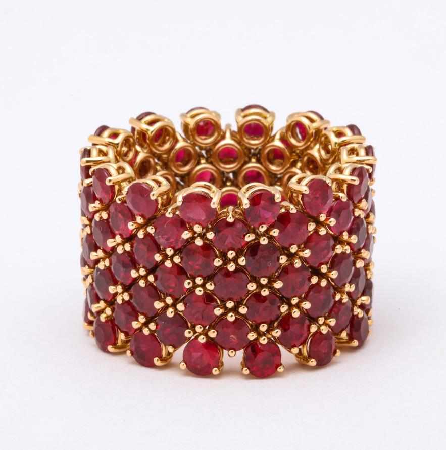 Round Cut Flexible 7-Row Ruby Rose Gold Ring For Sale