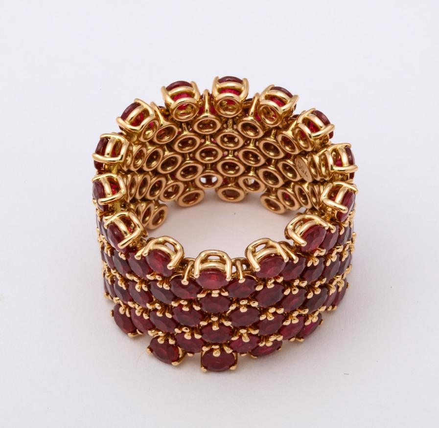 Women's or Men's Flexible 7-Row Ruby Rose Gold Ring For Sale
