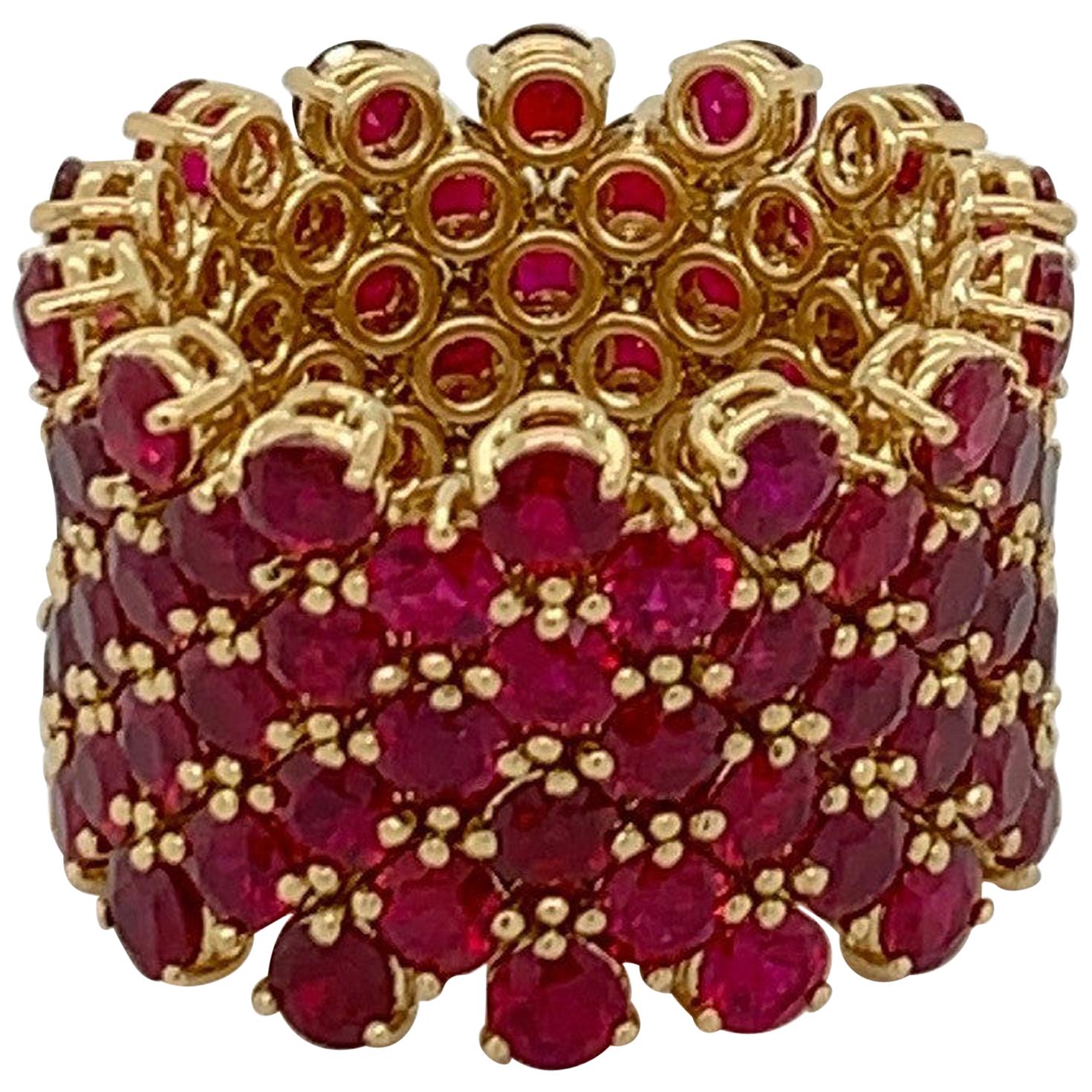Flexible 7-Row Ruby Rose Gold Ring For Sale