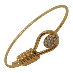 Flexible Bangle Bracelet 18K Yellow Lariat Design with Diamond Pave Latch End