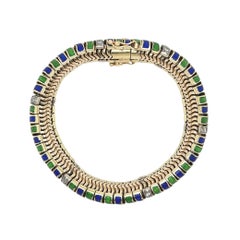 Flexible Blue Green Enamel Gold Diamond Bracelet